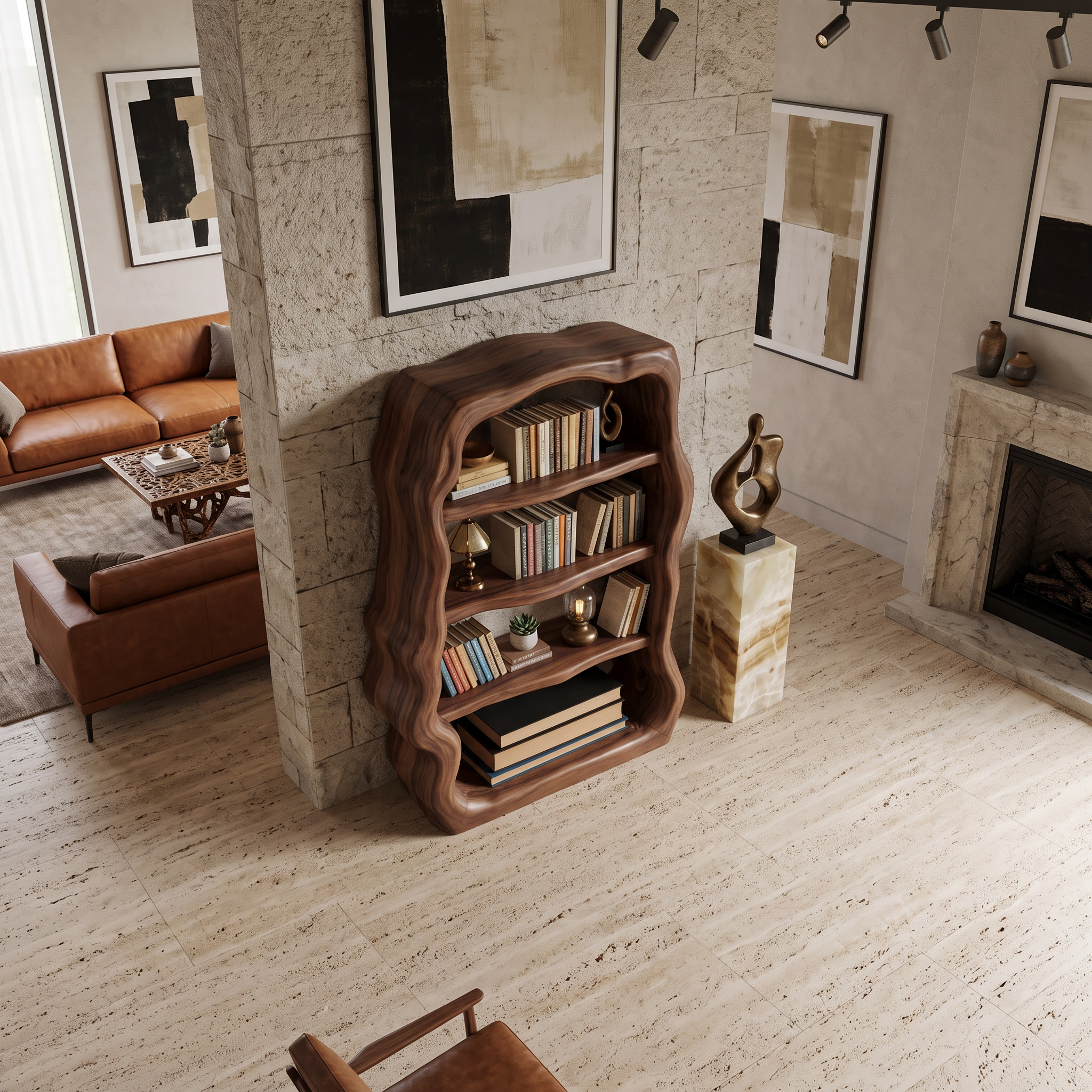 Rustic Sculptural Wooden Bookshelf With Carved Frame For Living Room Or Library SITHTTBS028