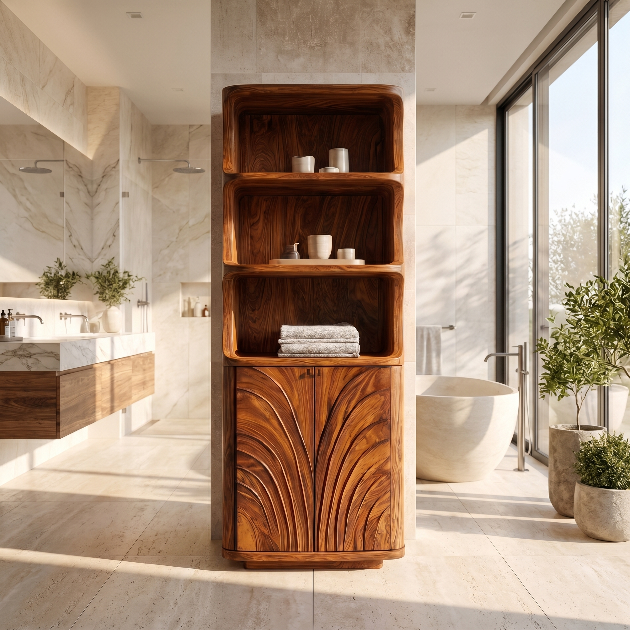 Organic Bathroom Storage Cabinet With Curved Open Shelves And Carved Wooden Doors For Bathroom SINLSABCT022