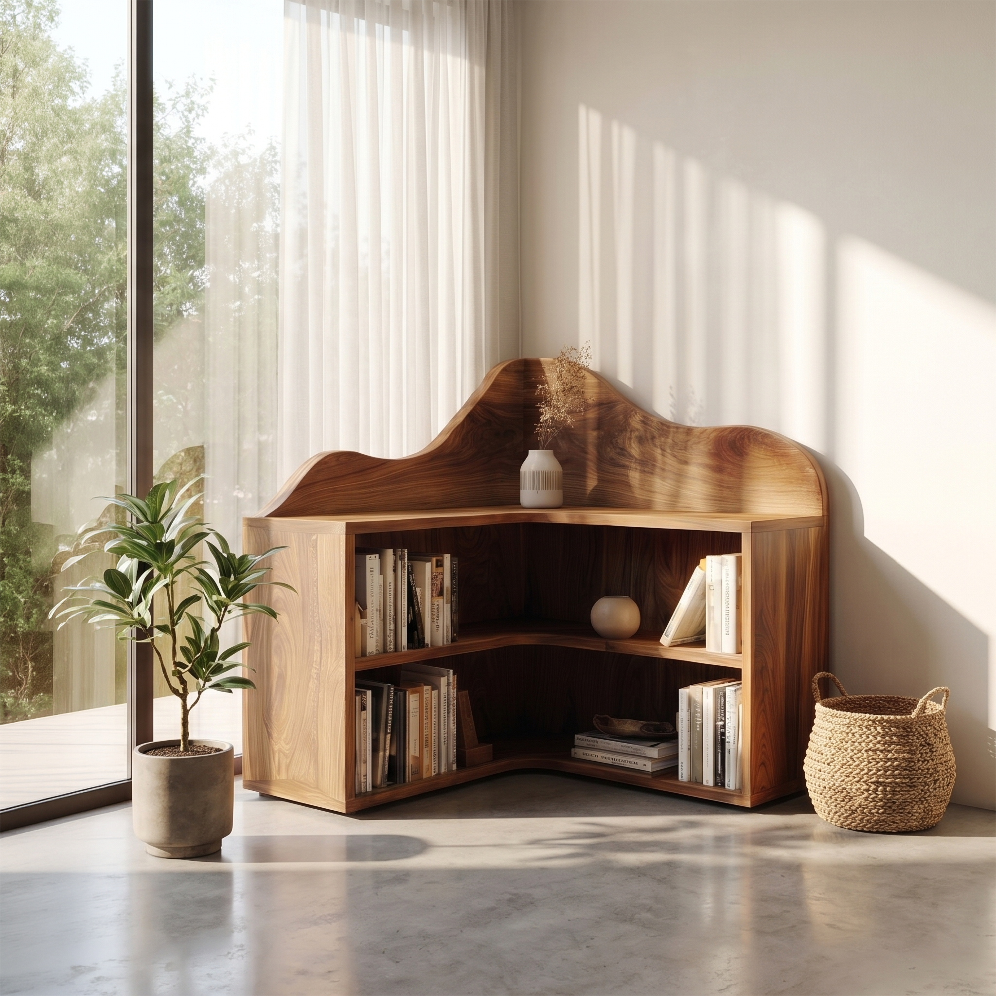 Organic Corner Bookshelf With Sculptural Curved Shelves And Open Storage For Living Room And Bedroom SINLSABS021