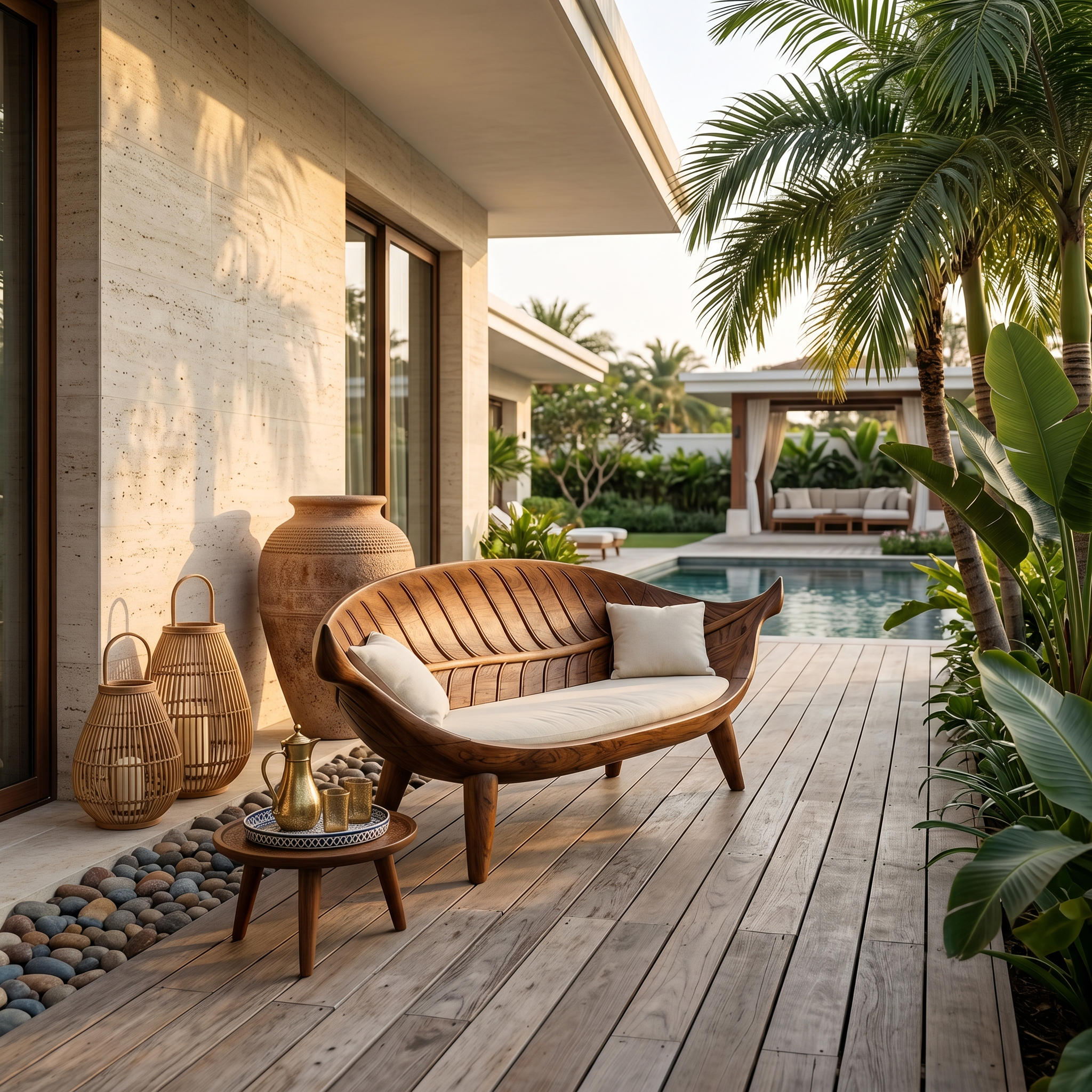 Mid Century Longboat Curved Bench For Sunroom Interior Area SILDTTNBEN007