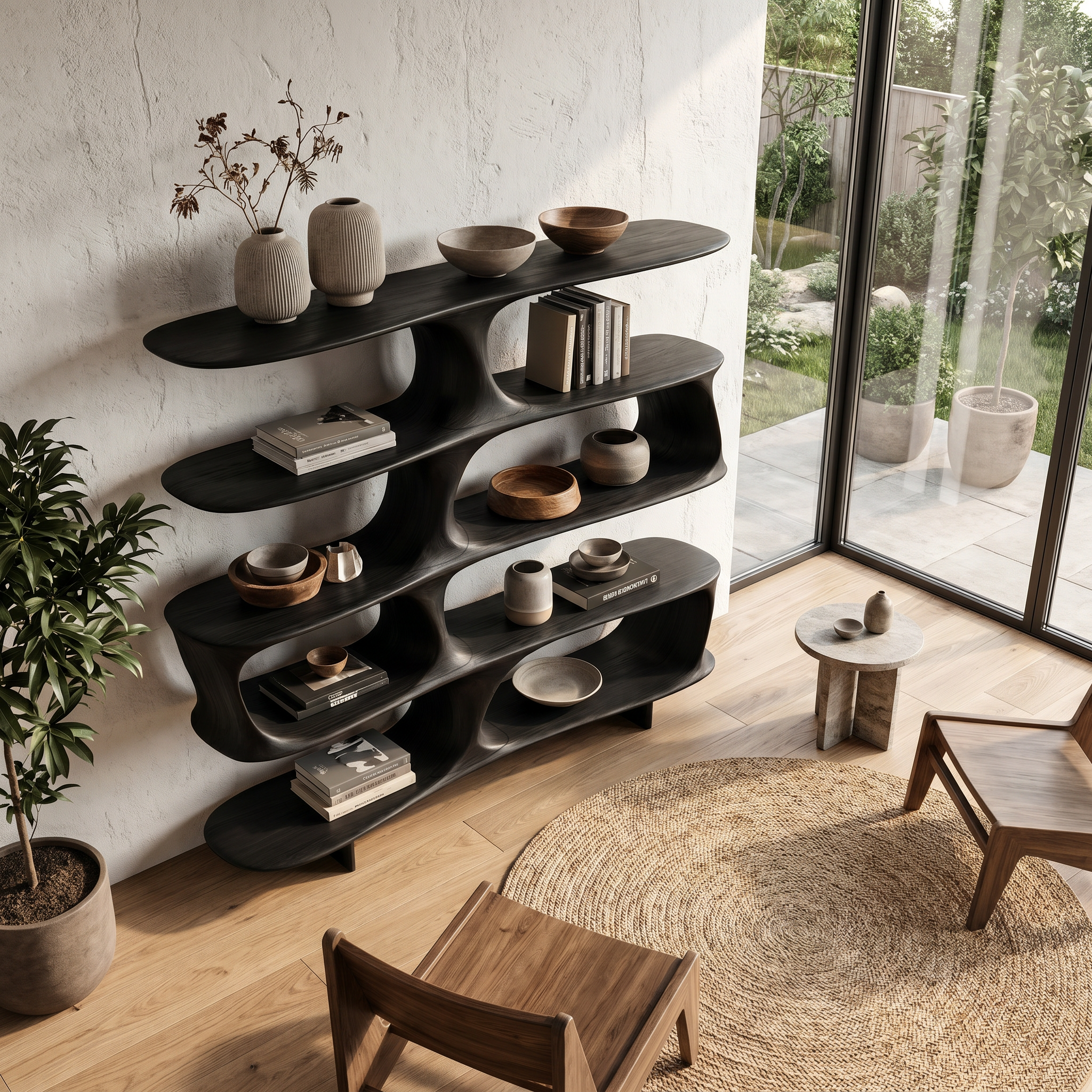 Organic Tree Bookshelf With Sculptural Curved Shelves And Open Display Storage For Living Room SINLHABS039