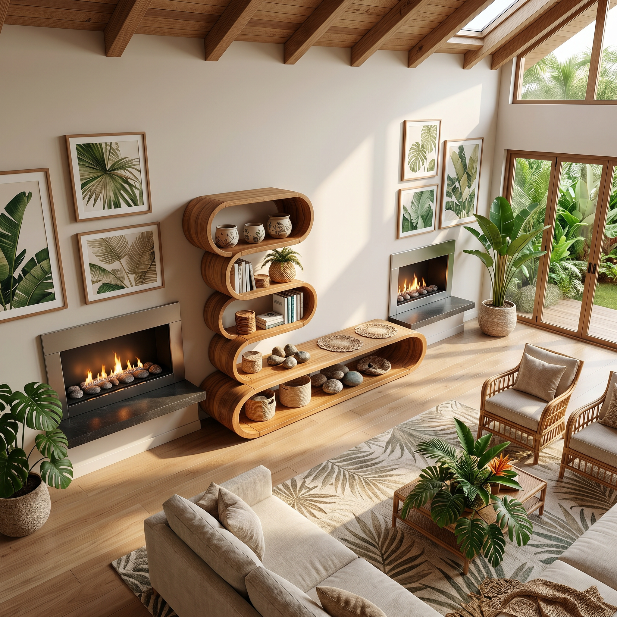 Organic TV Cabinet With Integrated Display Shelves And Rounded Storage Design For Living Room SINLHATC044