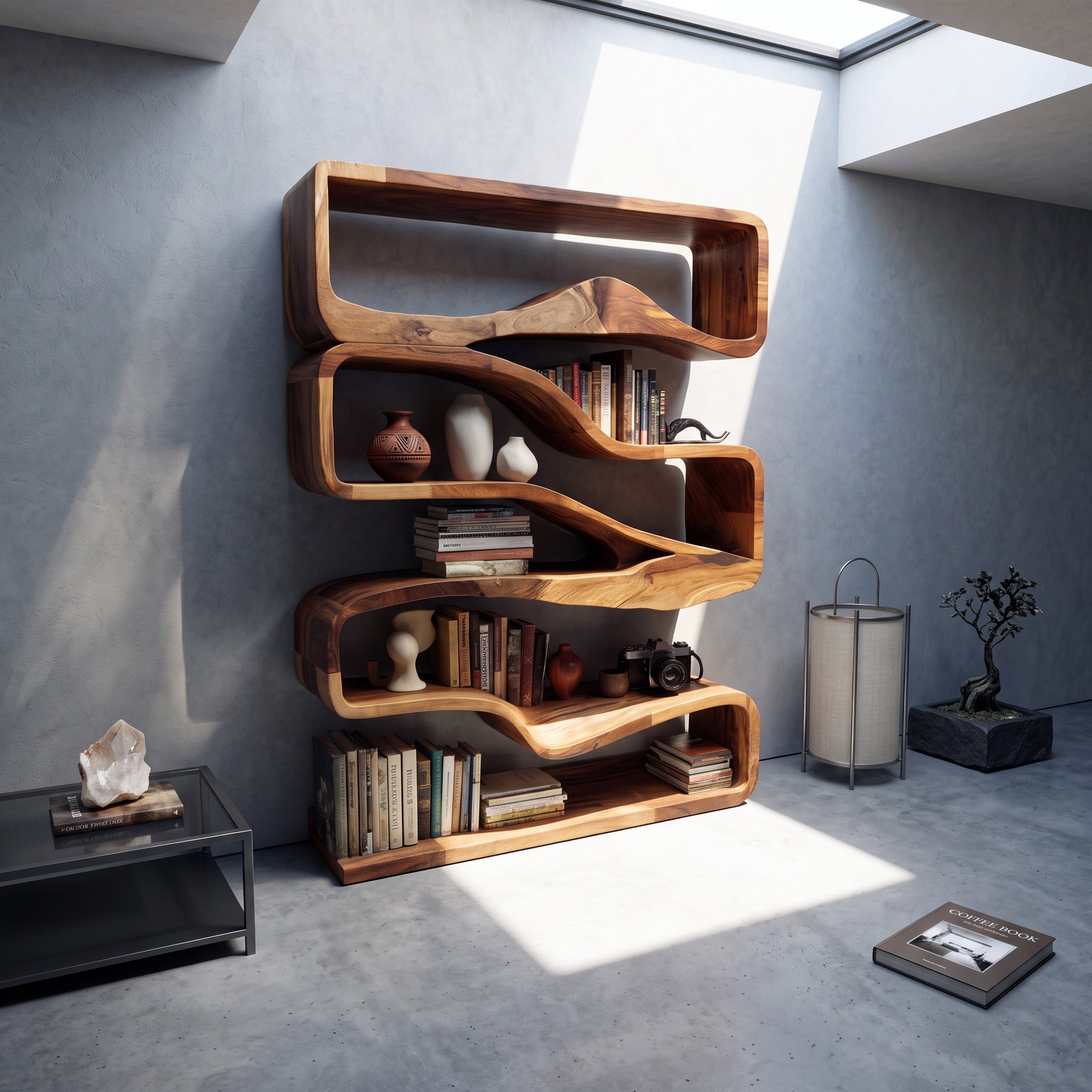 Modern Curved Bookshelf With Flowing Design For Bedroom SITHHNBS033