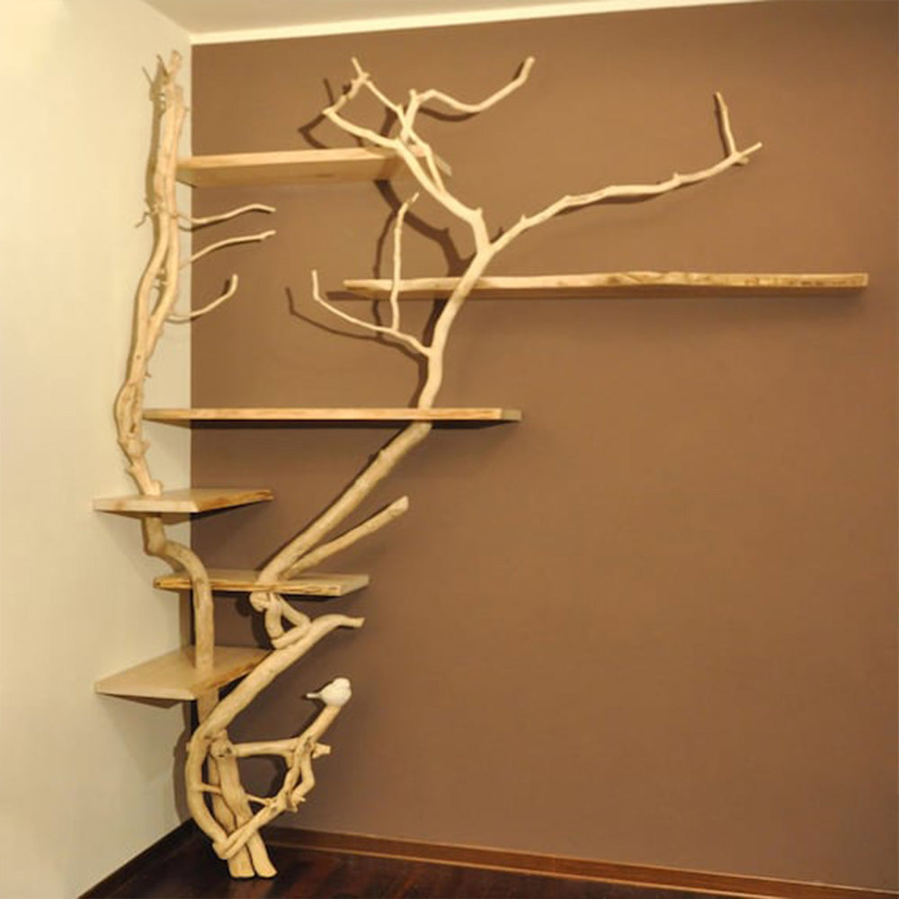 Natural Tree Branch Corner Shelf Wood Bookcase Wall Custom Cat Tree SINLTB020