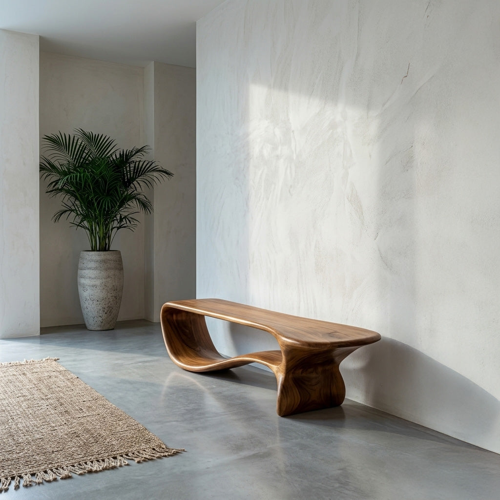 Minimalist Curved Natural Wood Bench For Living Room Decor RTTHHNCHR142
