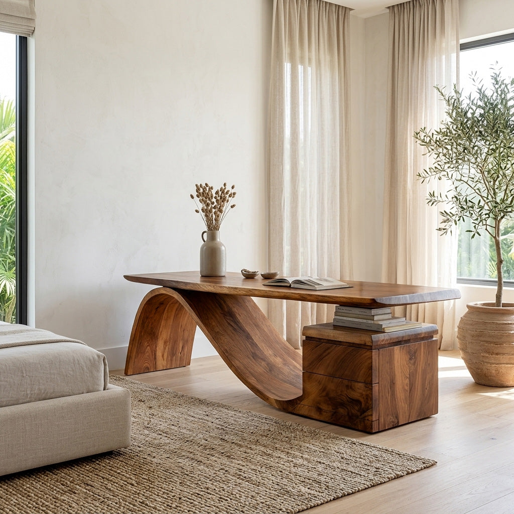 Organic Wooden Desk With Undulating Base For Home Office RTTHHNDE113