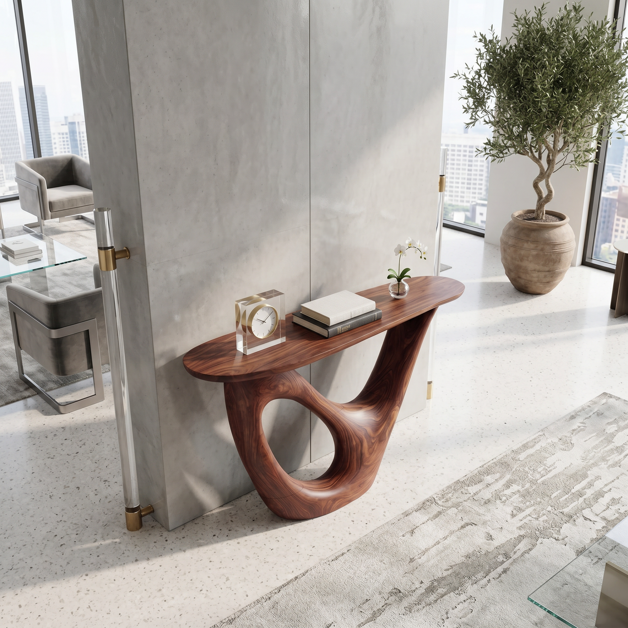 Mid Century Live Edge Console Table Sculptural Solid Wood For Living Room SILDTTNCS069