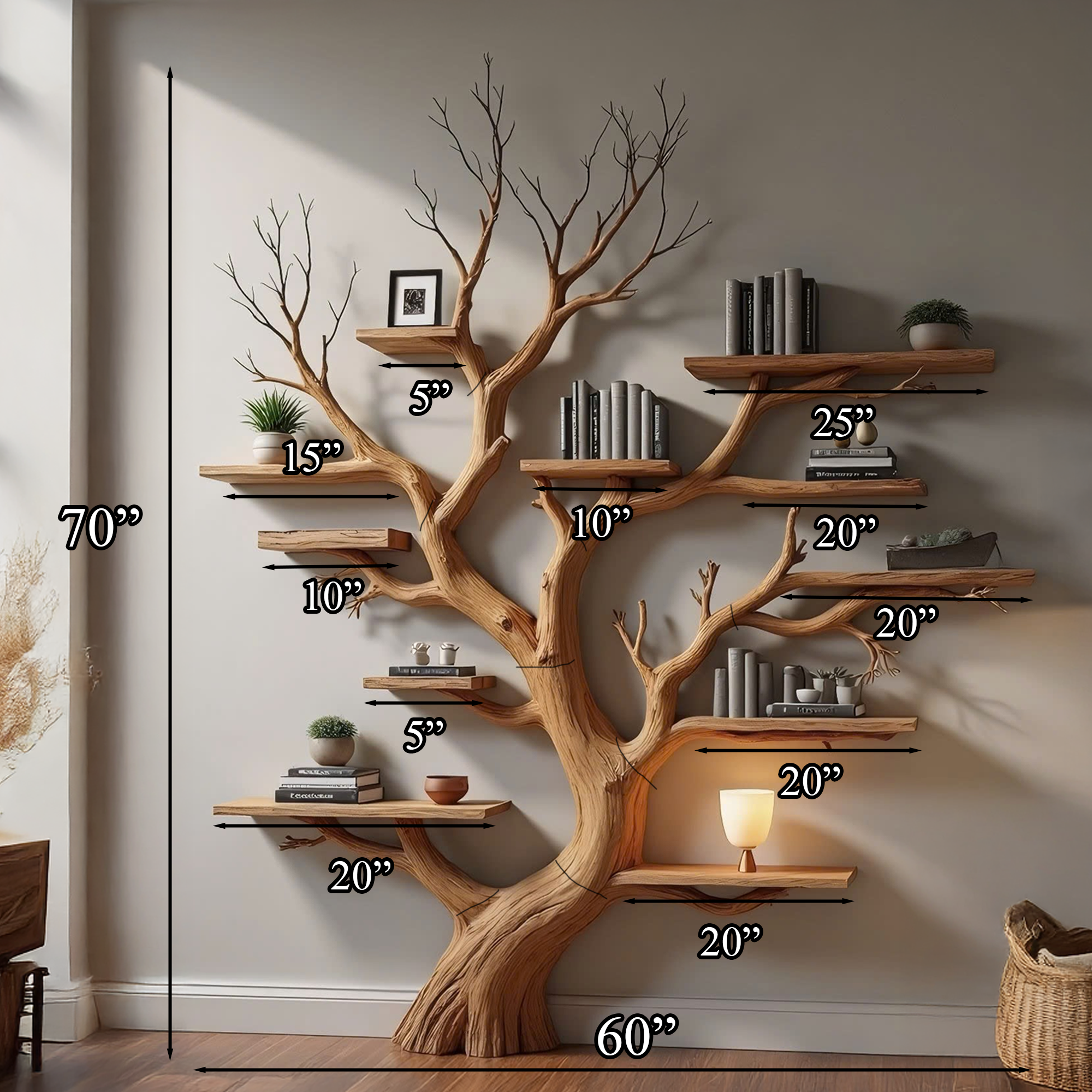 Wood Tree Bookshelf Wal Mounted Shelf Living Room SINLTB126