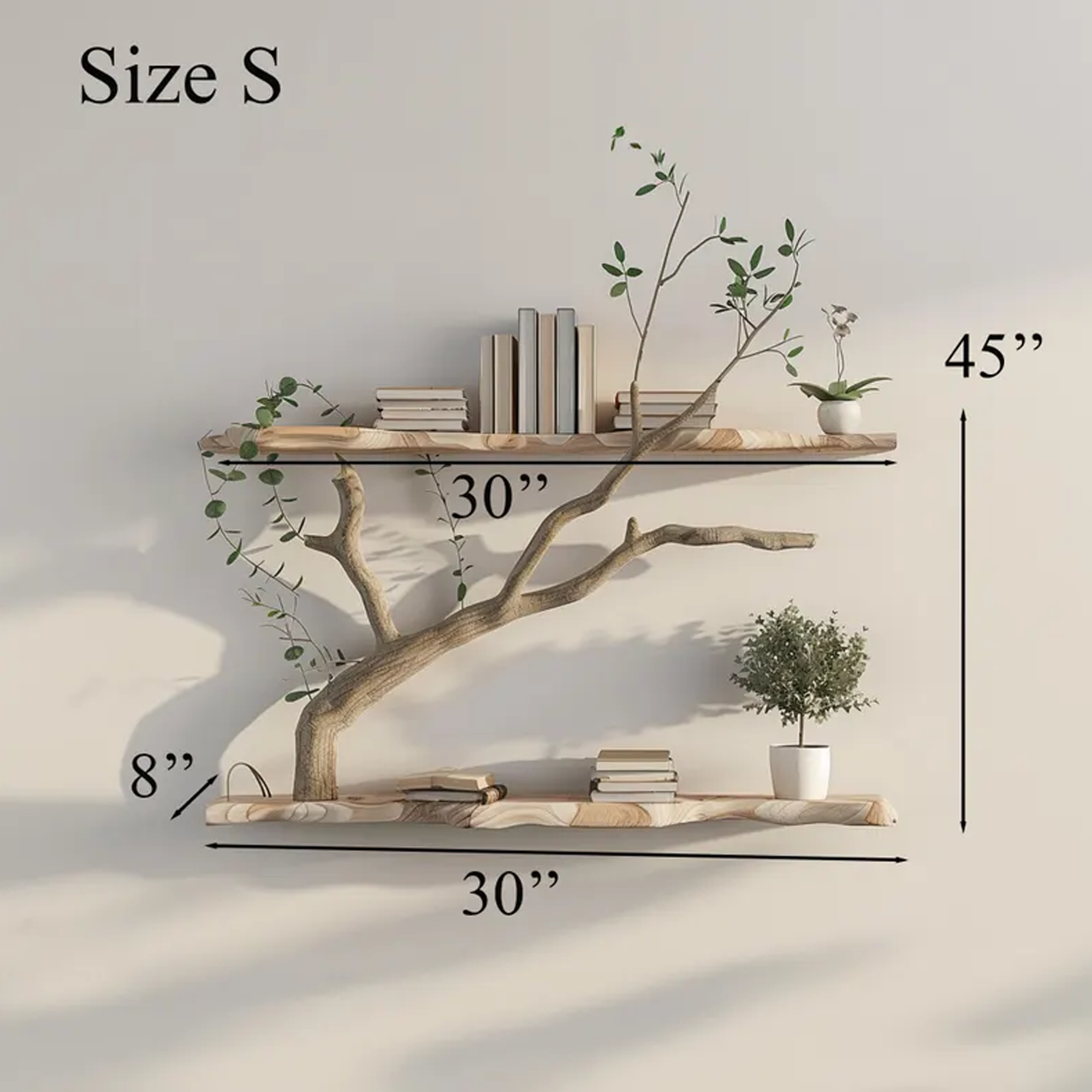 Mid Century Wooden Wall Bookshelf With Tree Branch Design Halloween Style SINLKIHW051