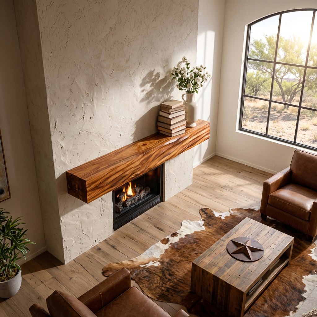 Rustic Wooden Floating Fireplace Shelf For Living Room Interior RTTHTTFS017