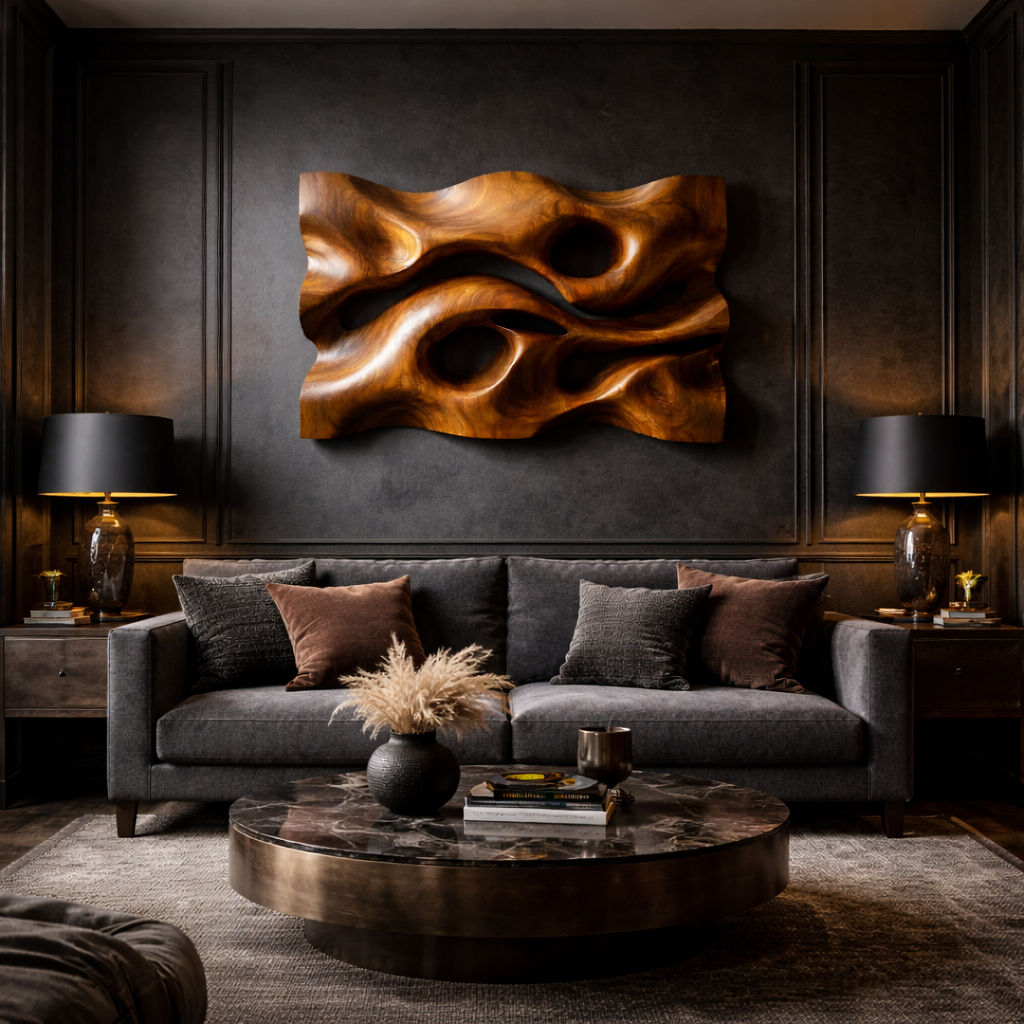 Sculpted Wave Solid Wood Wall Art Headboard Artistic Interior Accent SINLKIWD016