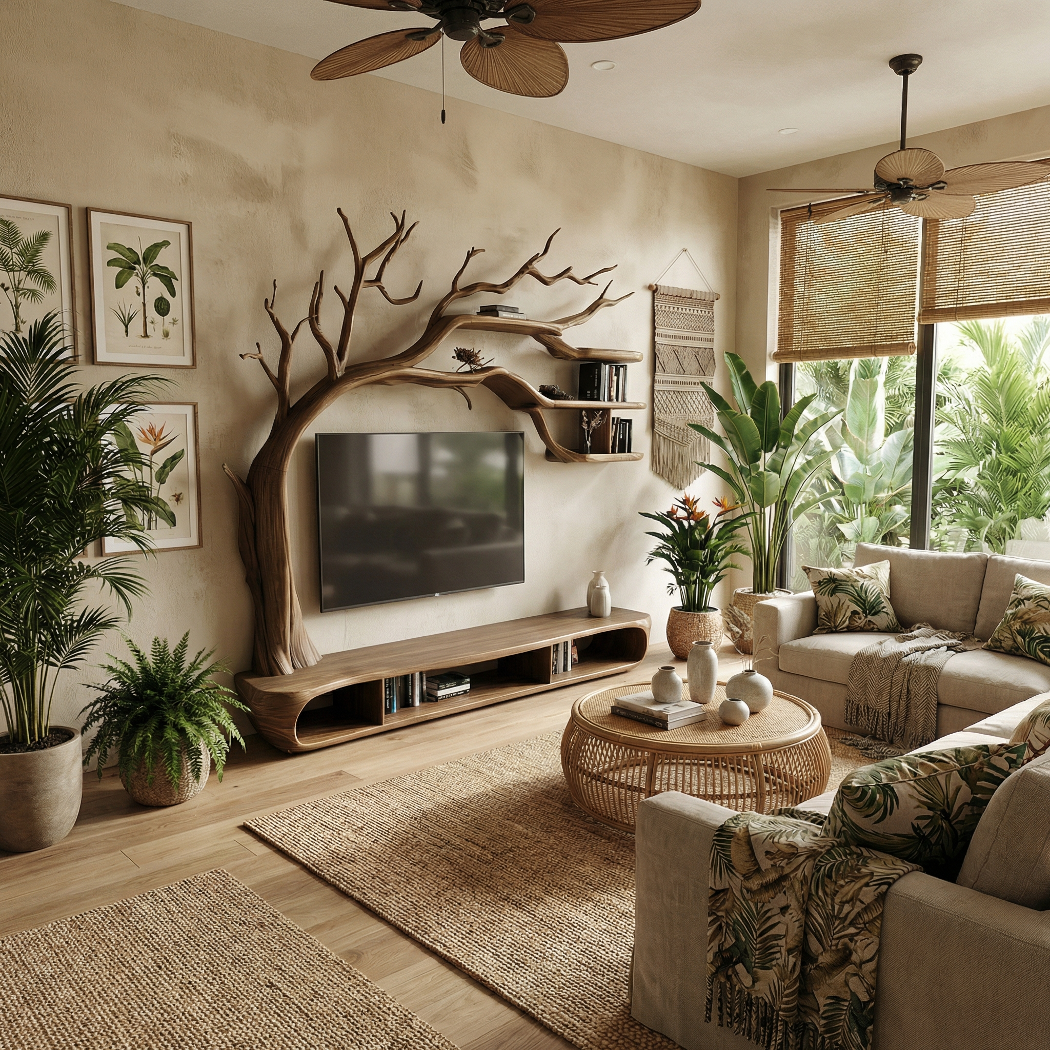 Rustic Sculptural Tree TV Unit For Living Room And Media Area SINLSATB700