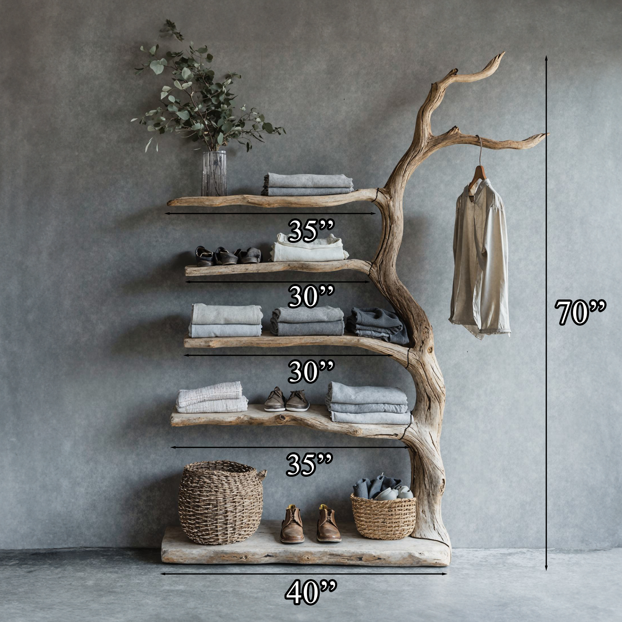 Driftwood Tree Branch Coat Rack With Shelf Shoe Storage SINLTB087
