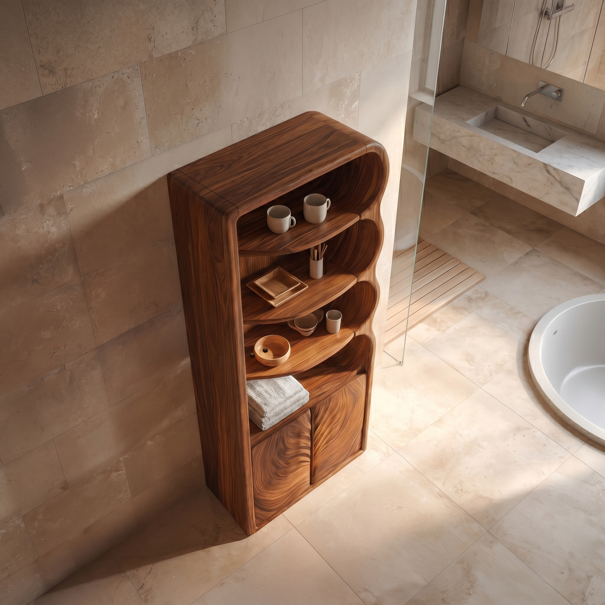 Modern Organic Bathroom Storage Cabinet With Curved Shelves And Carved Wooden Doors For Bathroom SINLSABCT021