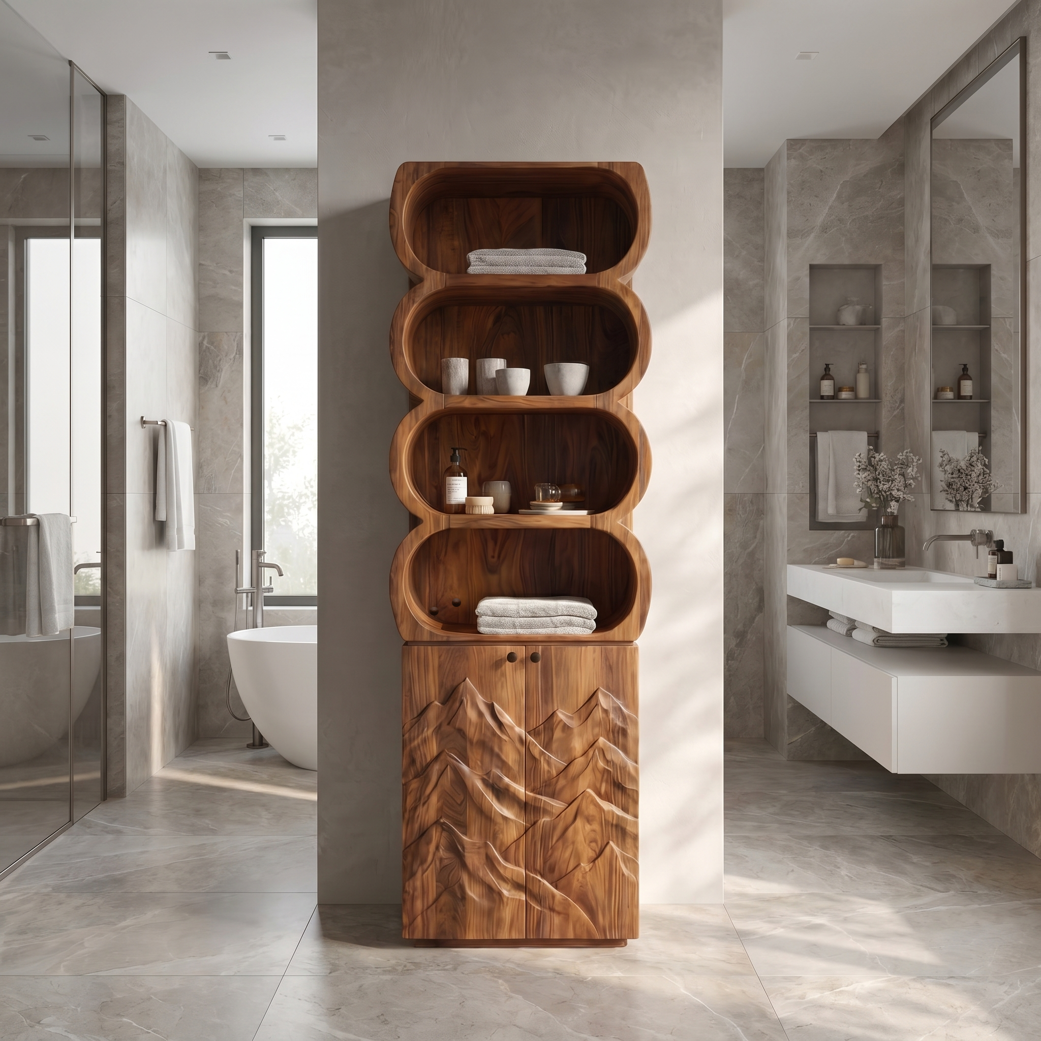 Minimal Bathroom Cabinet With Rounded Shelves And Sculpted Wooden Door SINLSABCT024