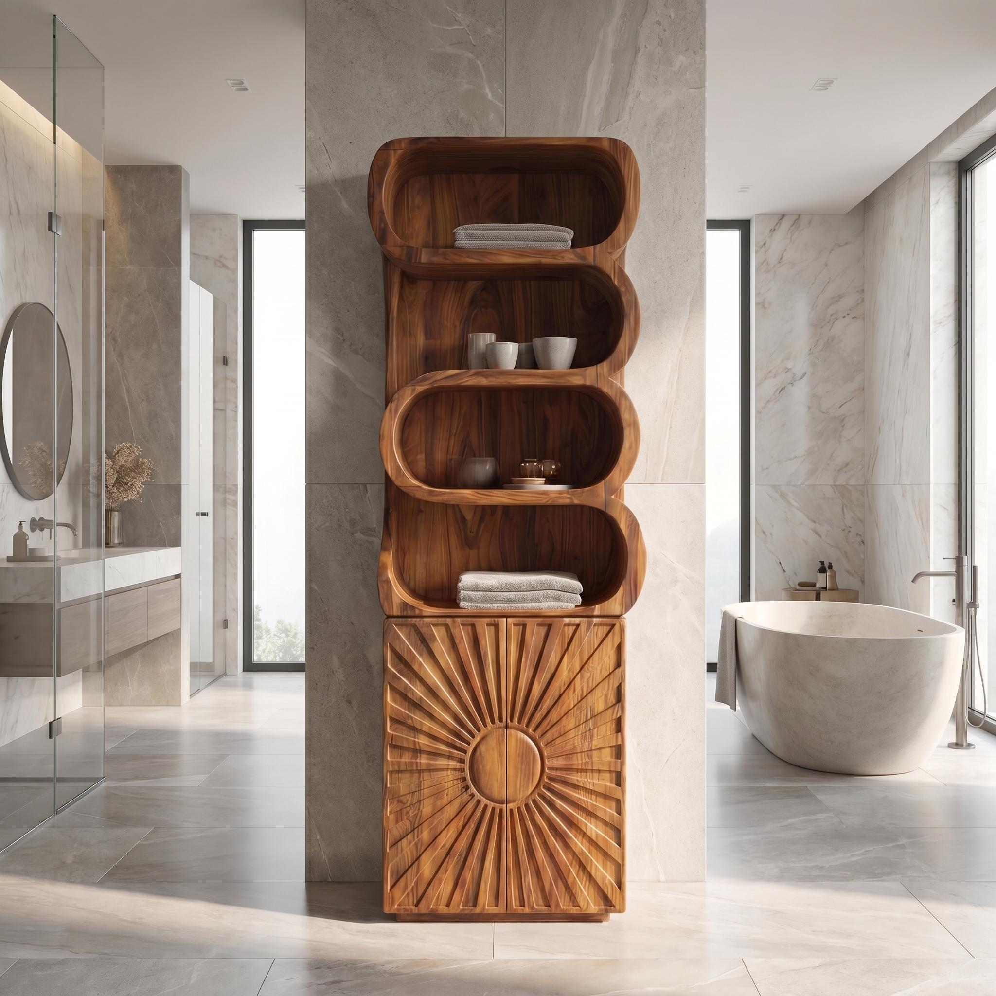 Organic Bathroom Cabinet With Open Shelving And Sculpted Wood Door For Bathroom SINLSABCT025