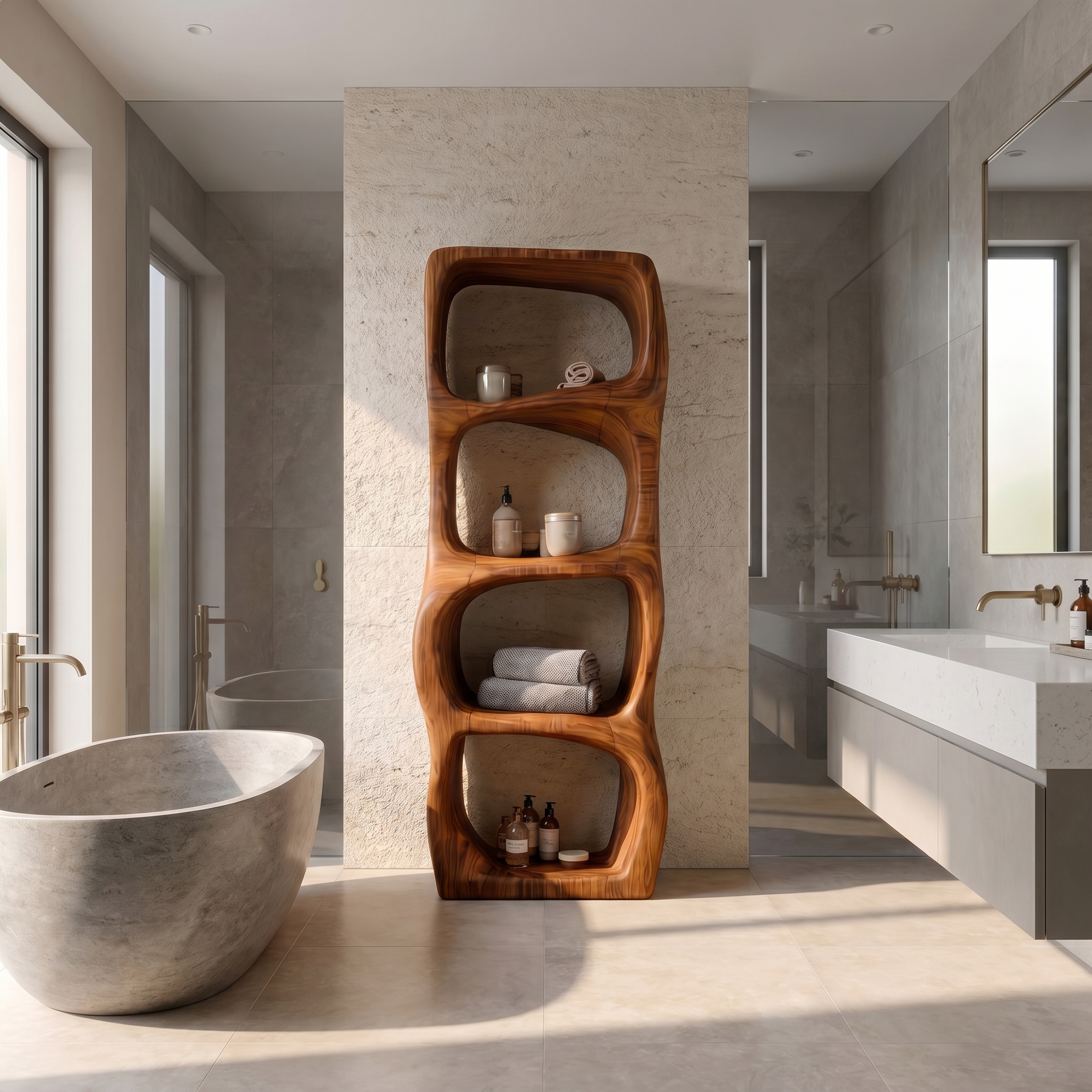 Modern Organic Bathroom Storage Cabinet With Rounded Sculptural Shelves And Open Storage For Bathroom SINLSABCT028