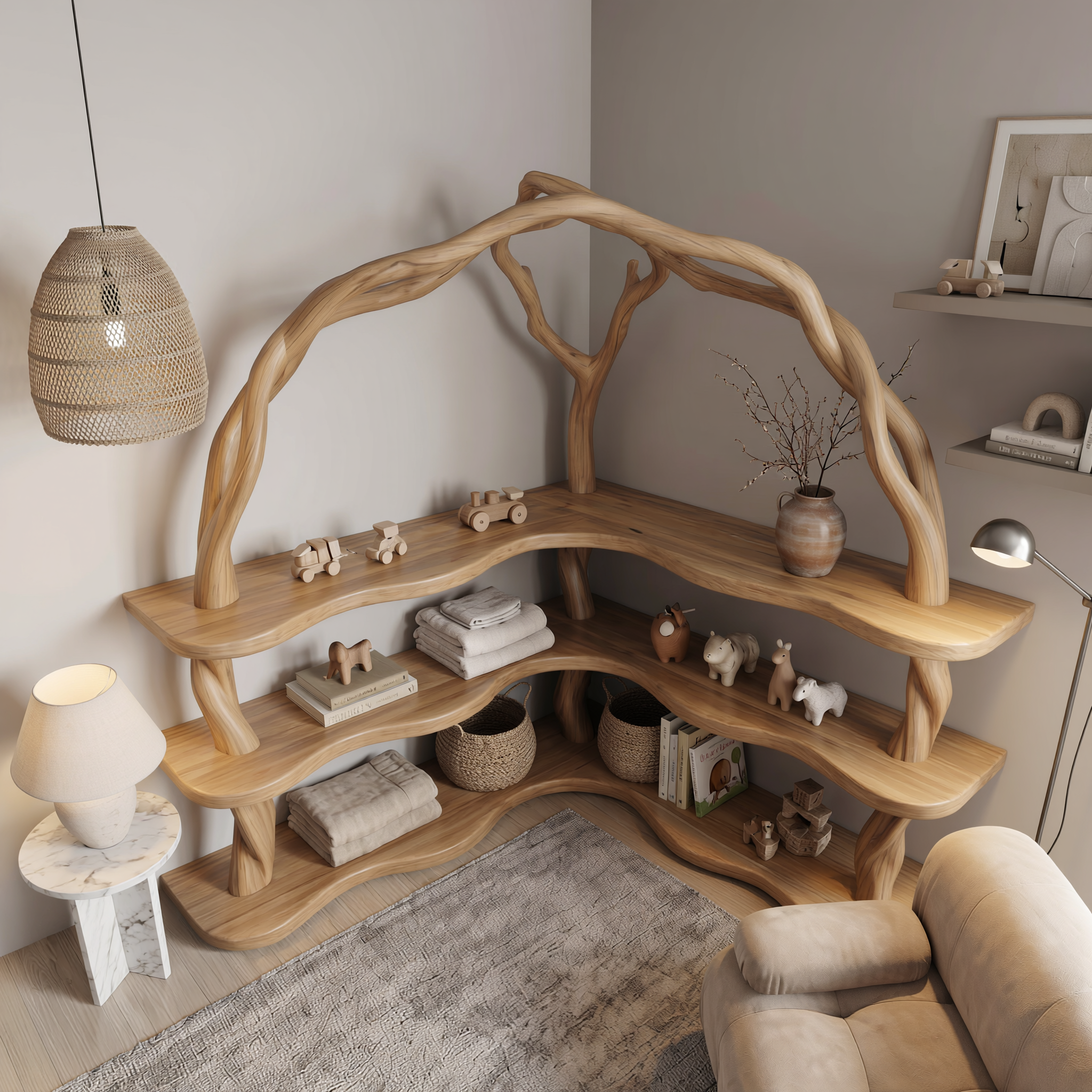 Organic Corner Bookcase With Natural Branch Frame Design For Living Room And Bedroom SINLSABS016