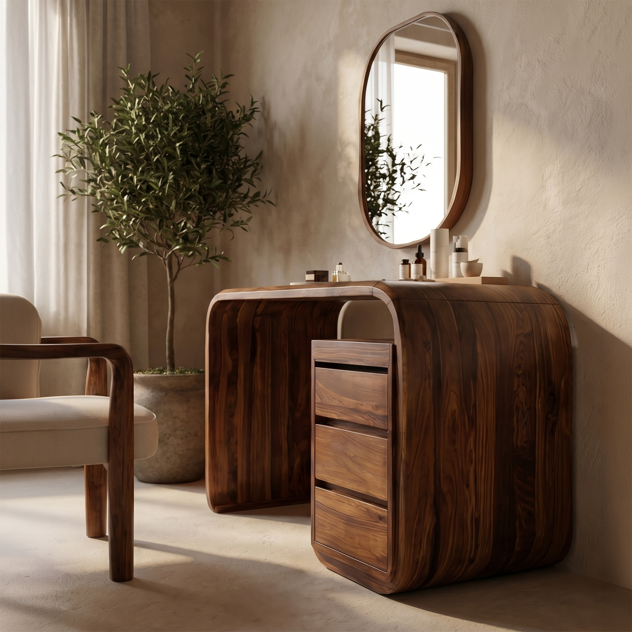 Modern Walnut Vanity Table With Open Shelf Cabinet For Bedroom SINLSABDT073