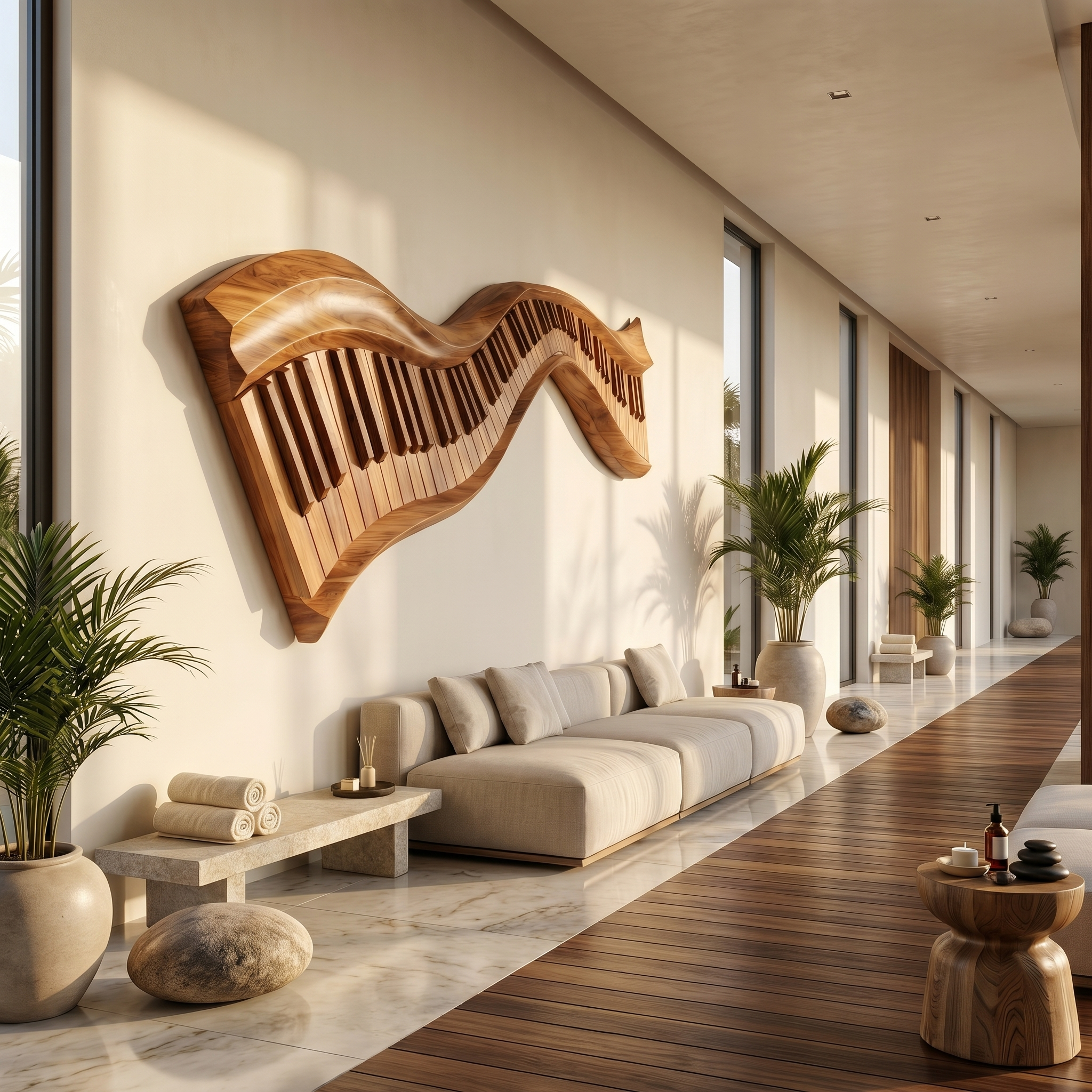 Organic Abstract Keyboard Wave Wooden Wall Sculpture For Living Room SINLSAWD076