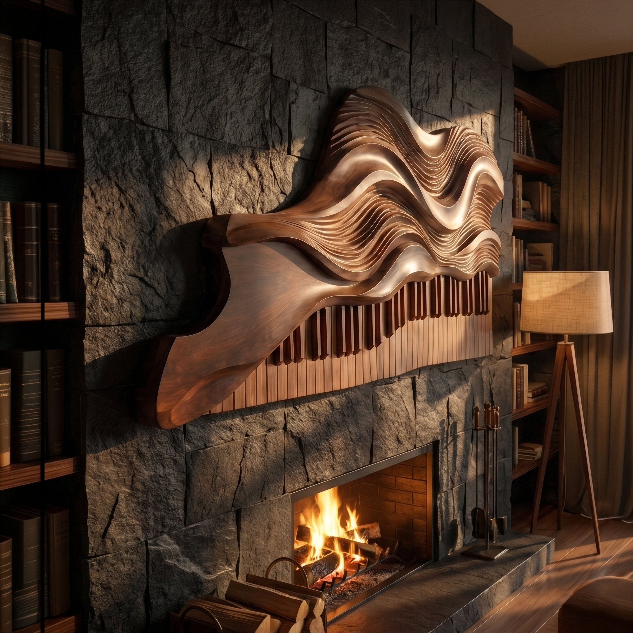 Abstract Piano Wave Wooden Wall Sculpture For Living Room SINLSAWD084