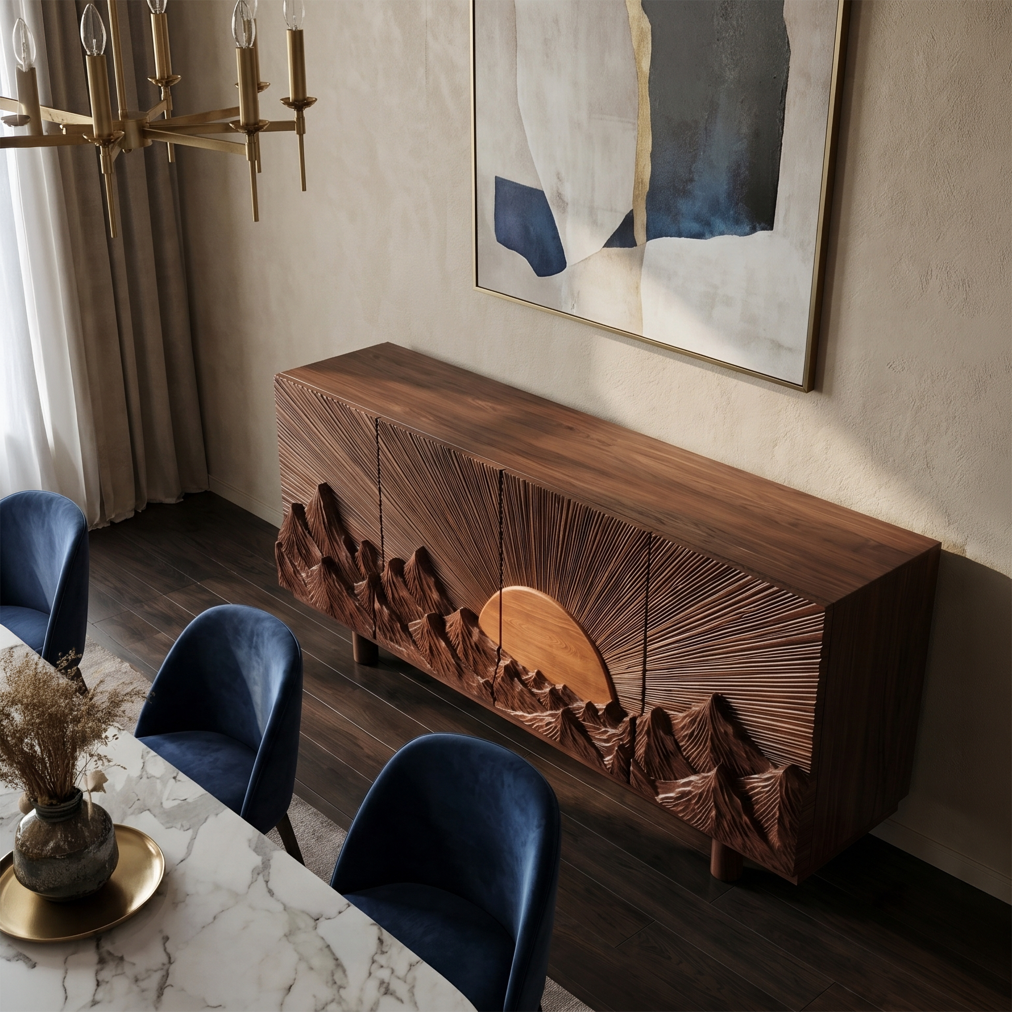 Rustic Mountain Sunrise Storage Cabinet With Carved Wood Doors For Living Room SINLSASC516