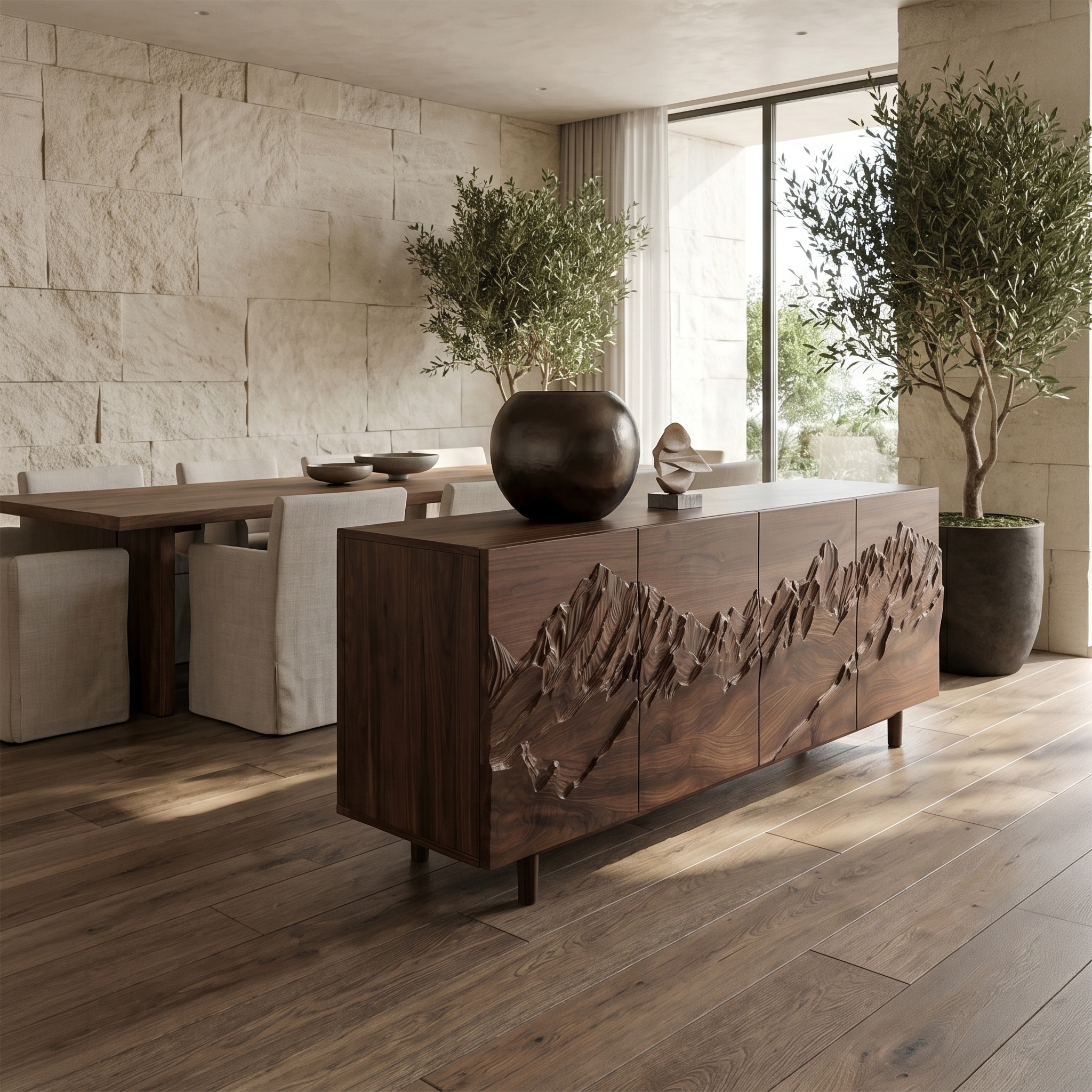 Rustic Mountain Landscape Sideboard With Carved Wood Doors For Living Room And Entryway SINLSASC518
