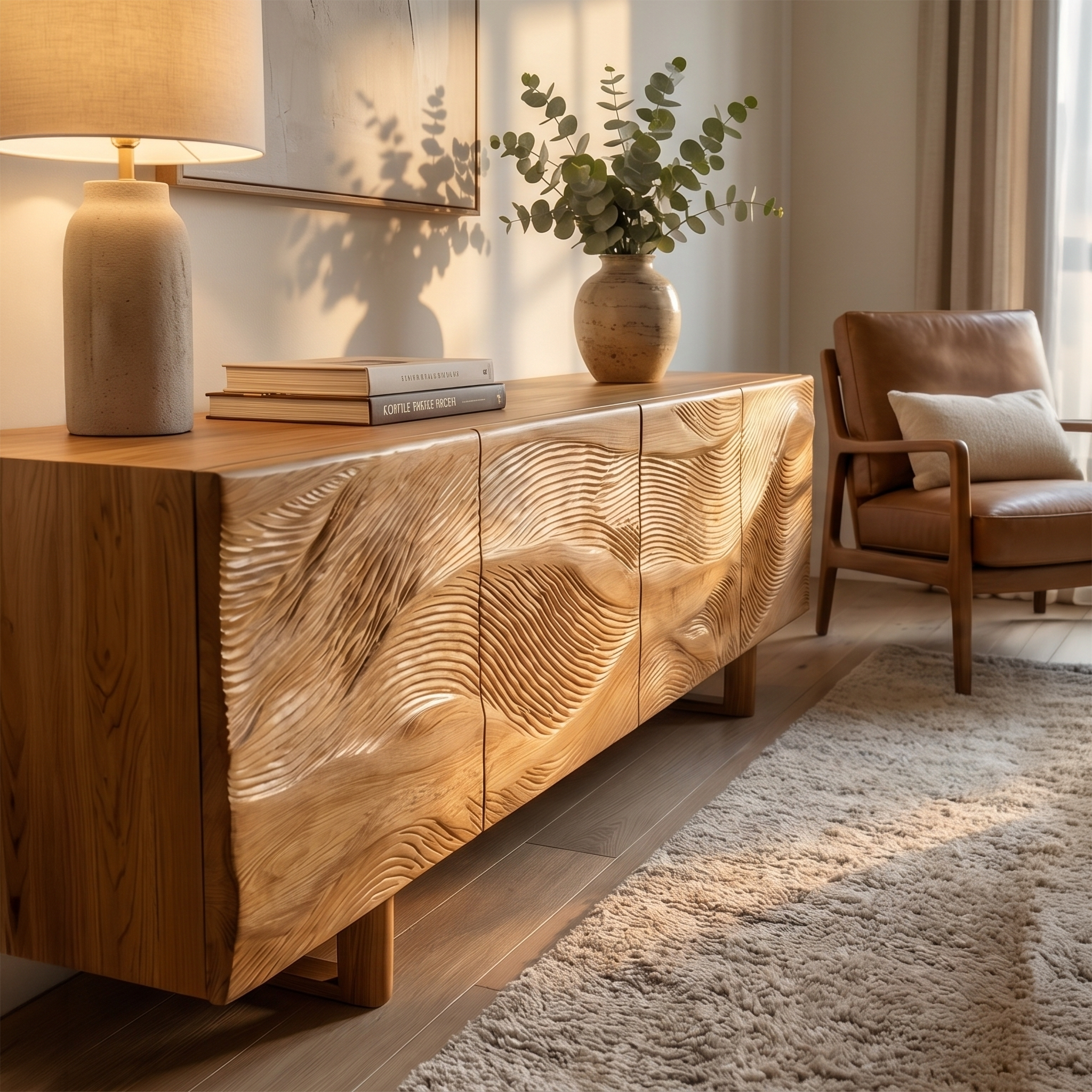 Modern Sideboard With Sunburst Carved Wood Doors For Living Room SINLSASC525