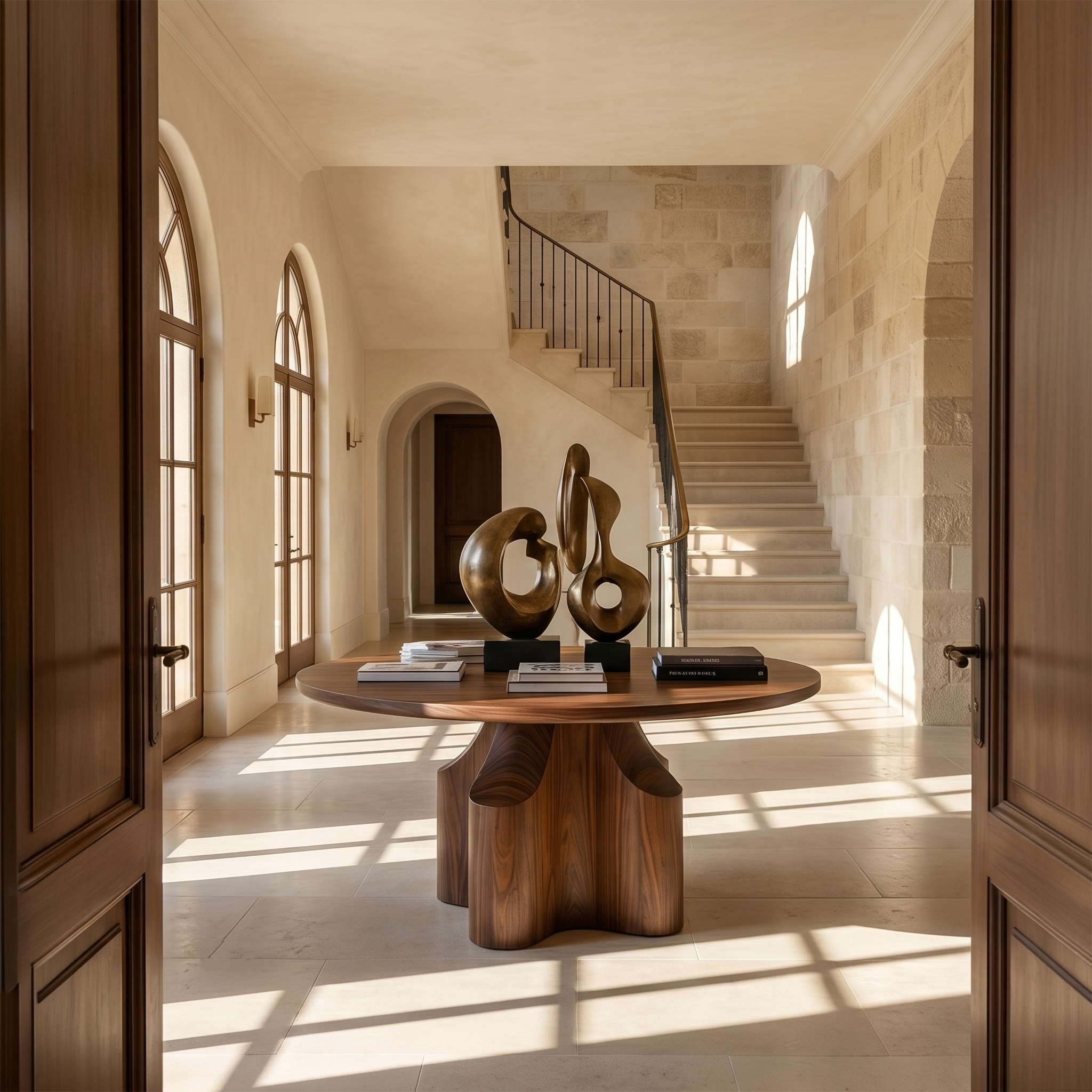 Contemporary Foyer Table With Sculptural Solid Wood Pedestal Base For Entryway And Hallway SINLSAFT037