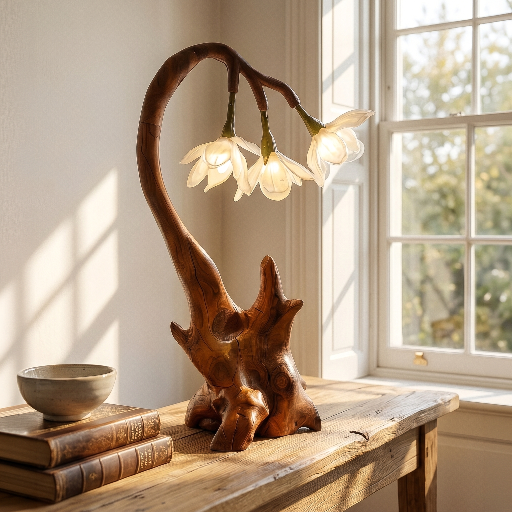 Contemporary Floral Table Lamp With Sculptural Wood Base For Bedroom And Living Room SINLSATL003