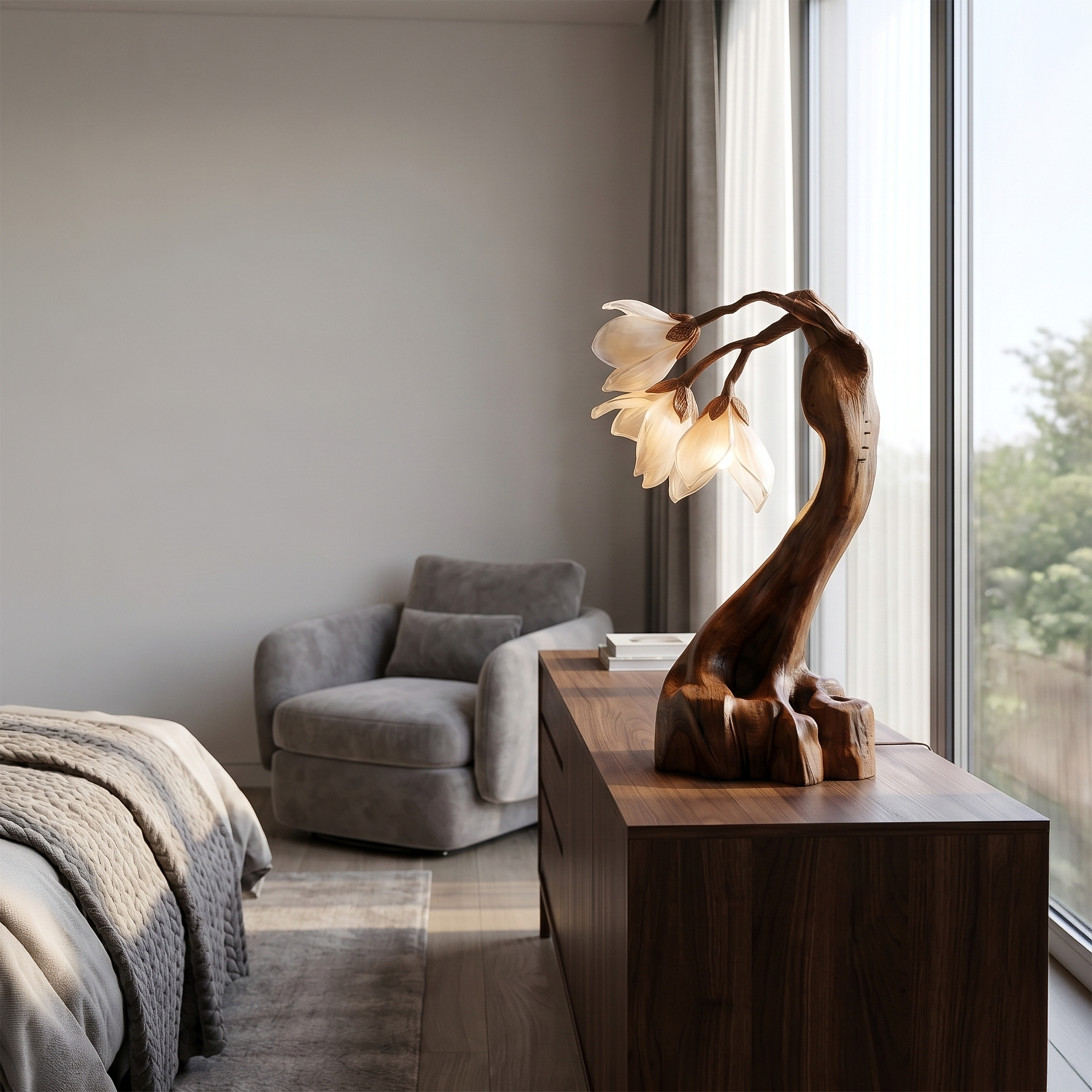 Organic Floral Table Lamp With Sculptural Wood Base For Bedroom And Living Room