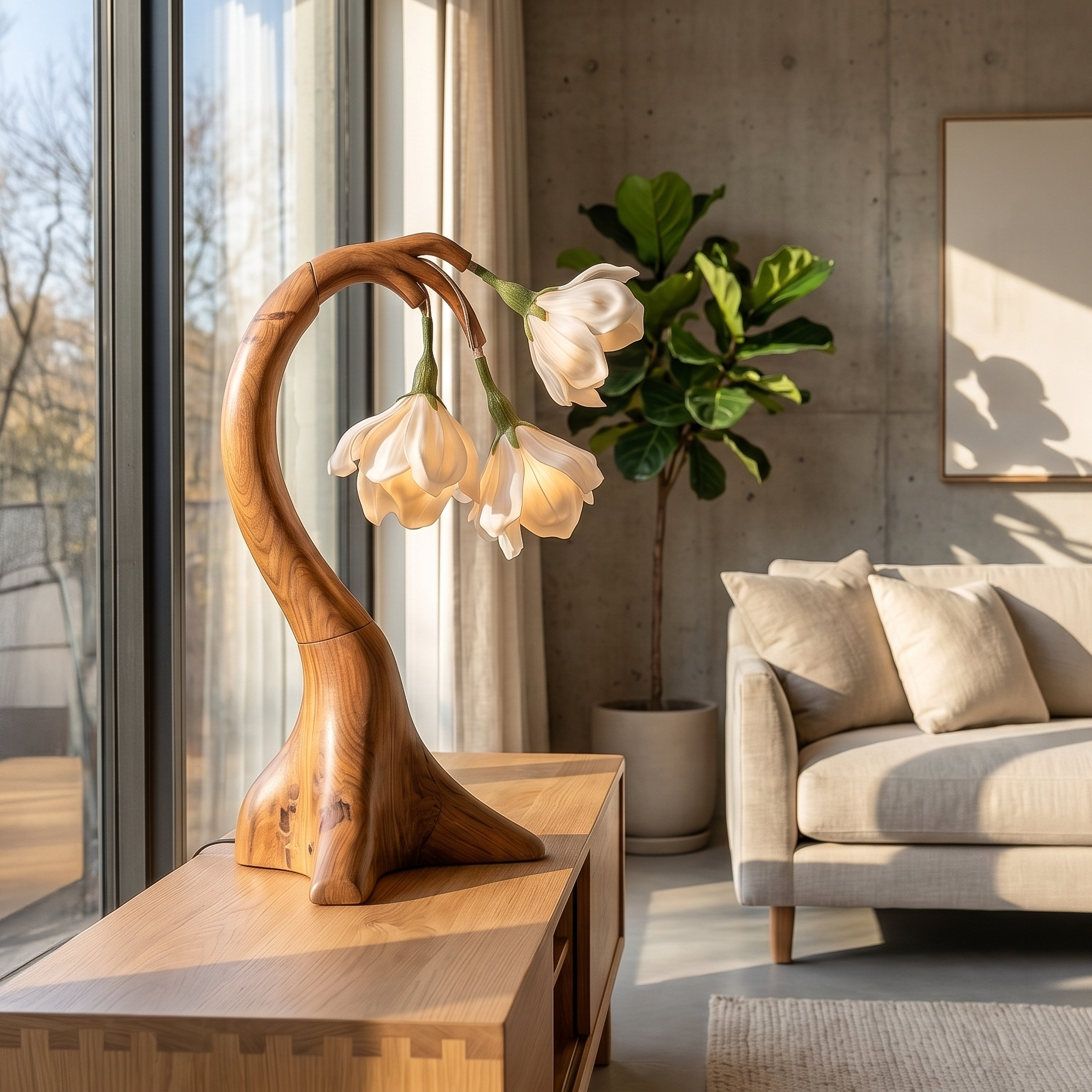 Modern Floral Table Lamp With Sculptural Curved Wood Base For Bedroom And Living Room SINLSATL008