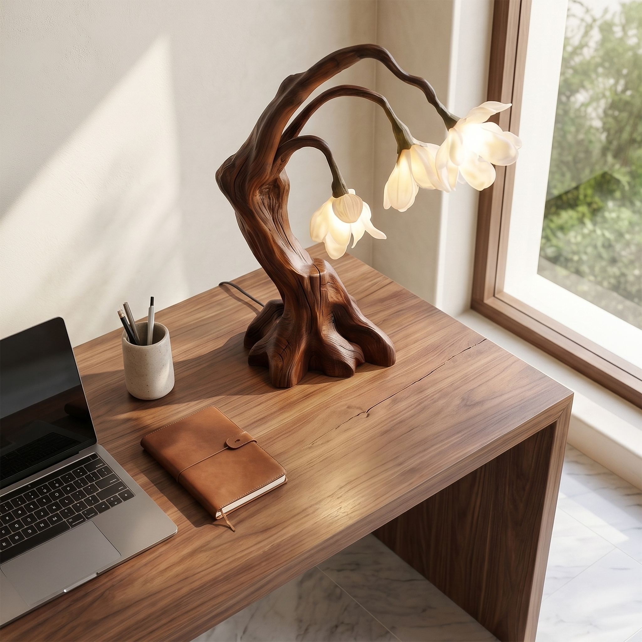 Modern Floral Table Lamp With Sculptural Driftwood Base For Bedroom And Living Room SINLSATL009
