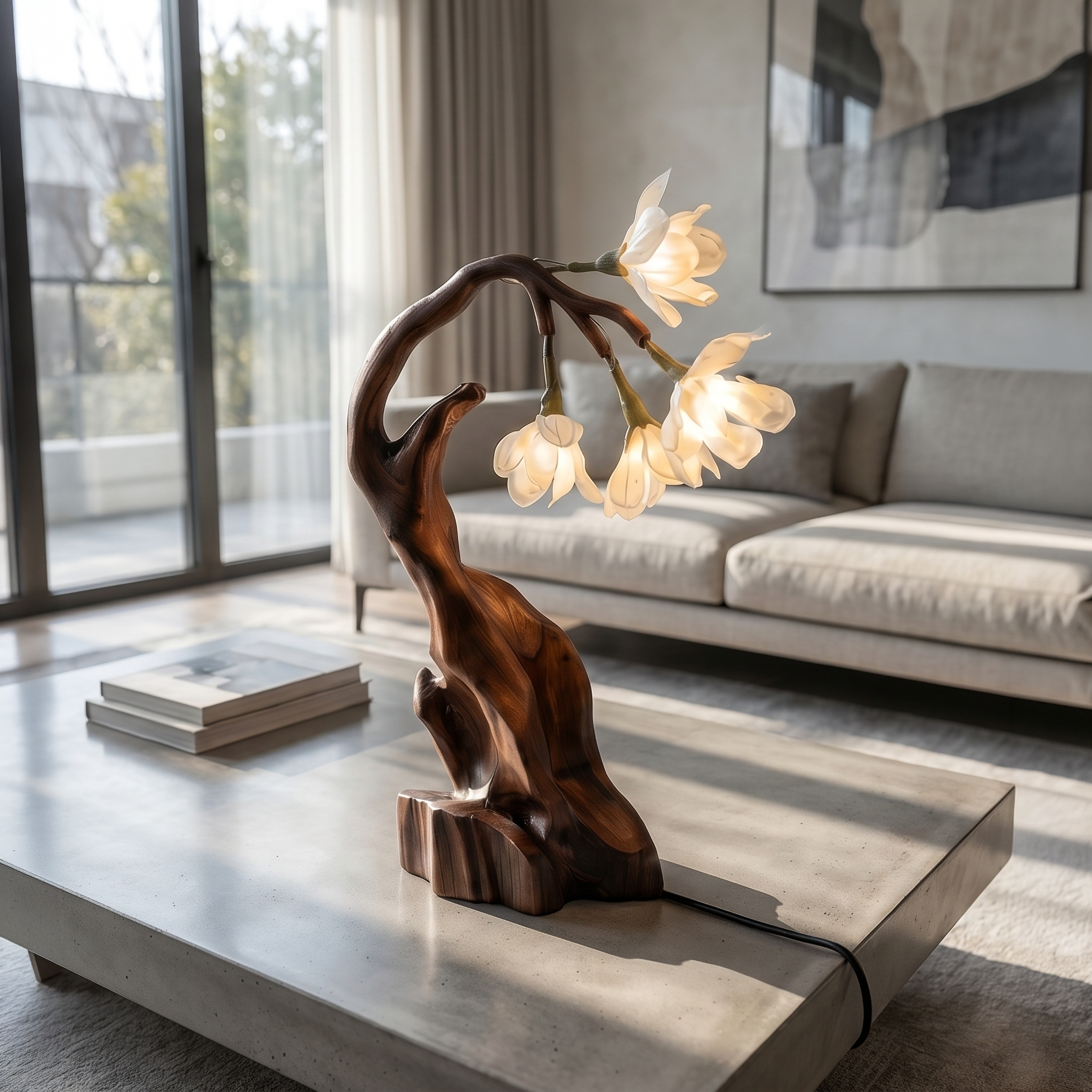 Contemporary Floral Table Lamp With Twisted Solid Wood Base For Bedroom And Living Room SINLSATL011