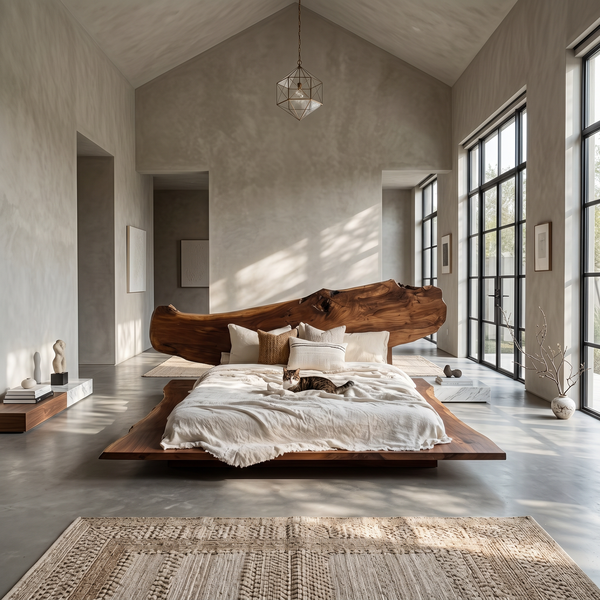 Luxury Organic Bed Frame With Sculptural Solid Wood Headboard And Floating Platform Design For Bedroom SINLSAWB131