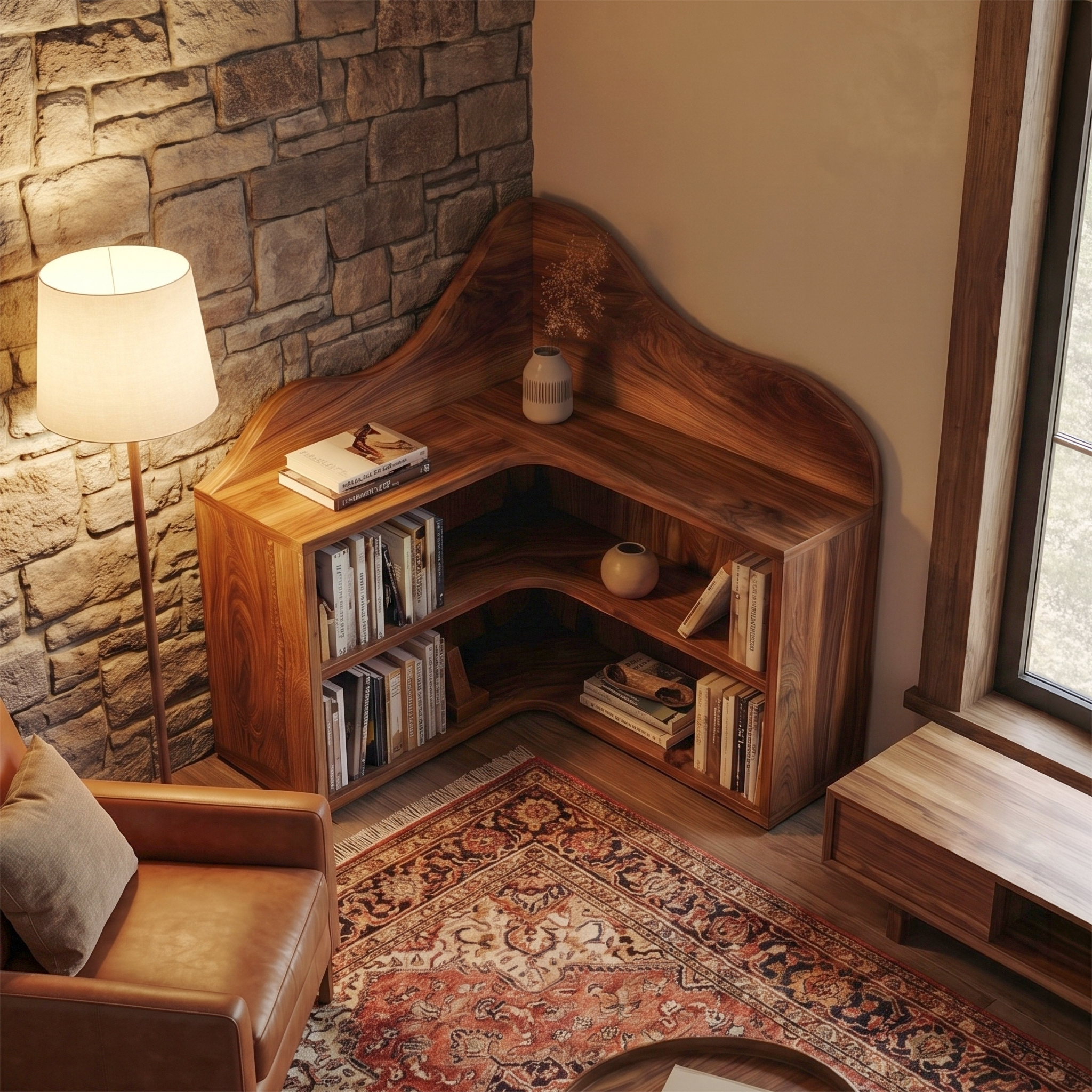 Organic Corner Bookshelf With Sculptural Curved Shelves And Open Storage For Living Room And Bedroom SINLSABS021