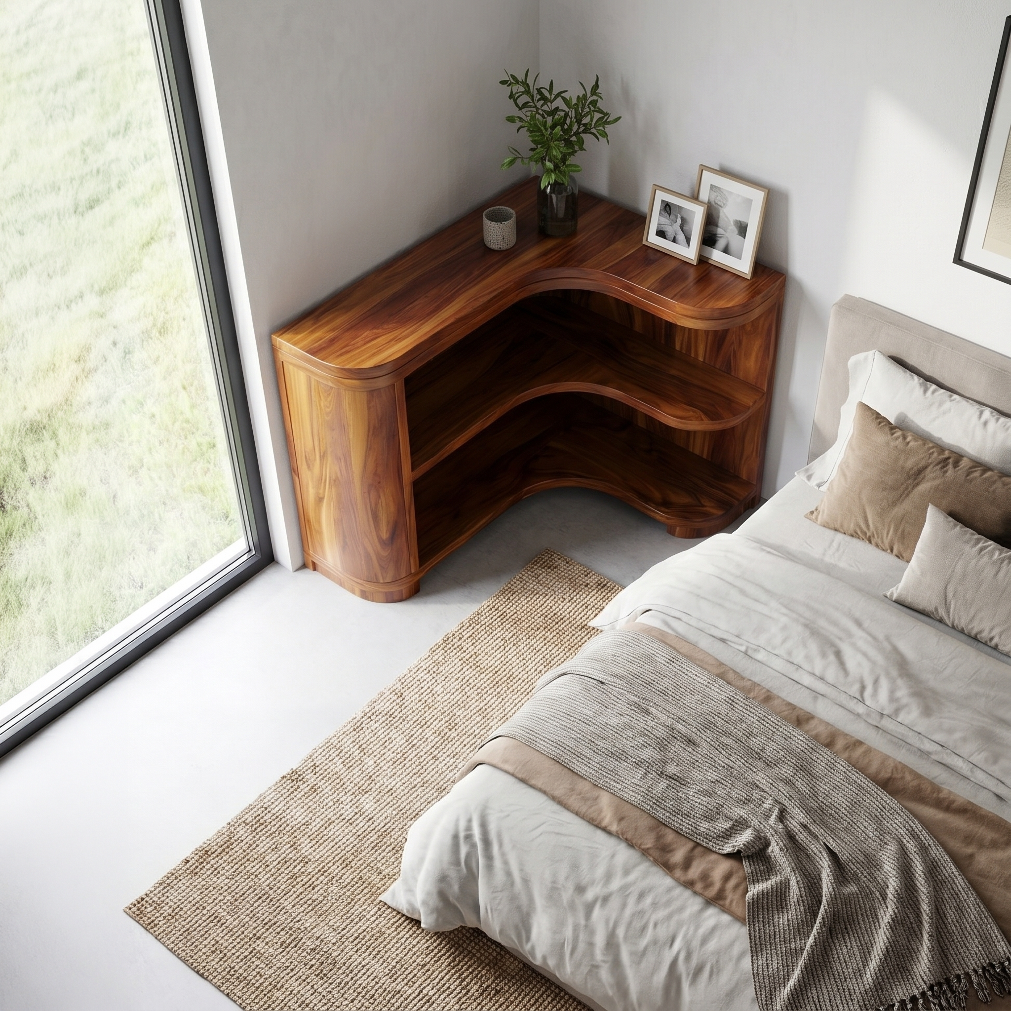 Modern Organic Corner Bookshelf With Solid Wood Open Shelves And Curved Design For Living Room And Bedroom SINLSABS022