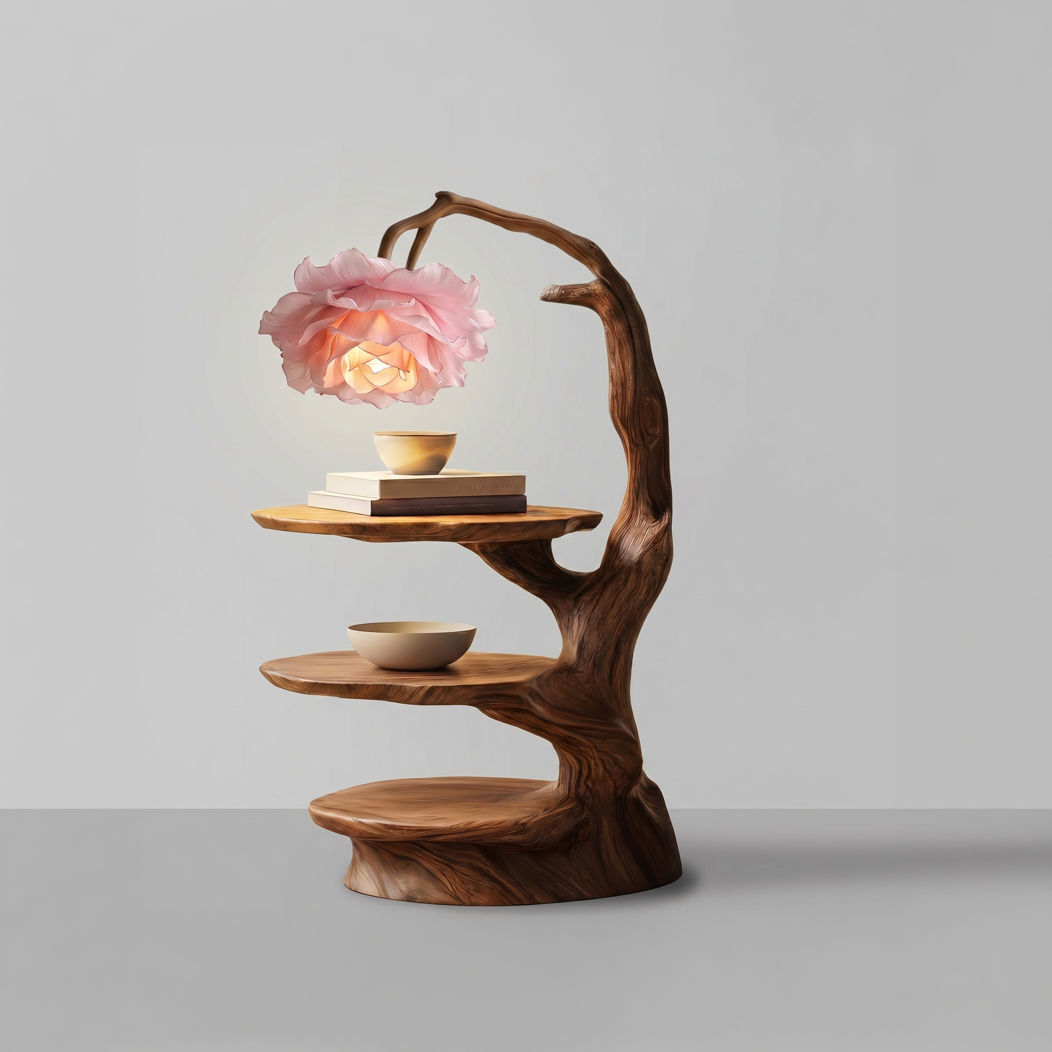 Natural End Table With Tree Branch Form And Flower Lamp For Bedroom And Reading Nook SINLSABT276