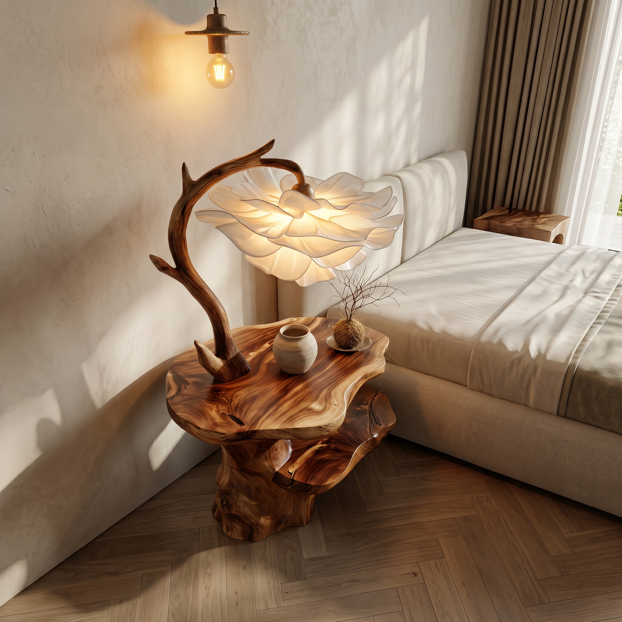 Organic End Table With Flower Lamp And Tree Branch Design For Bedroom And Reading Nook SINLSABT271