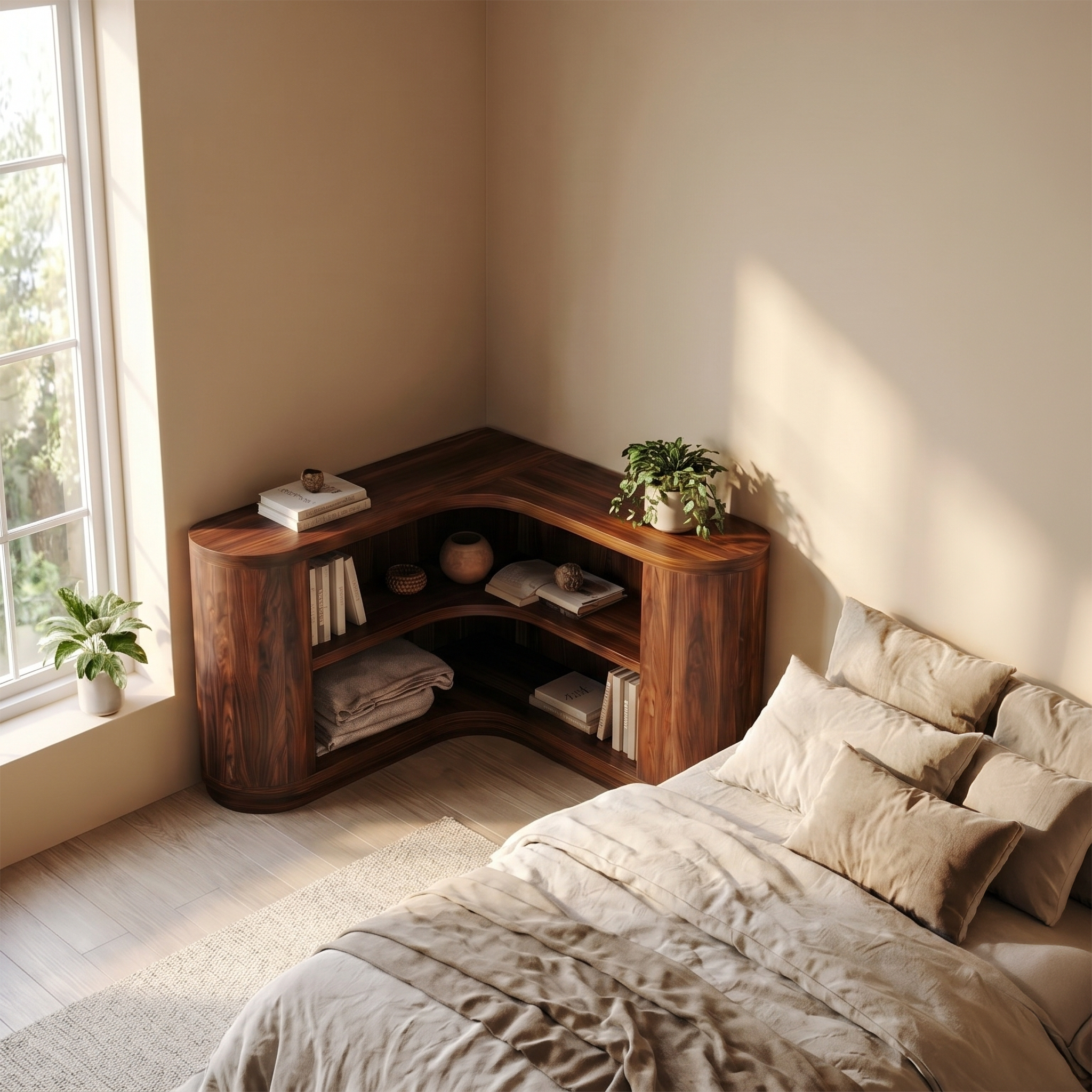 Scandinavian Corner Bookshelf With Simple Wooden Structure For Living Room SINLSABS027