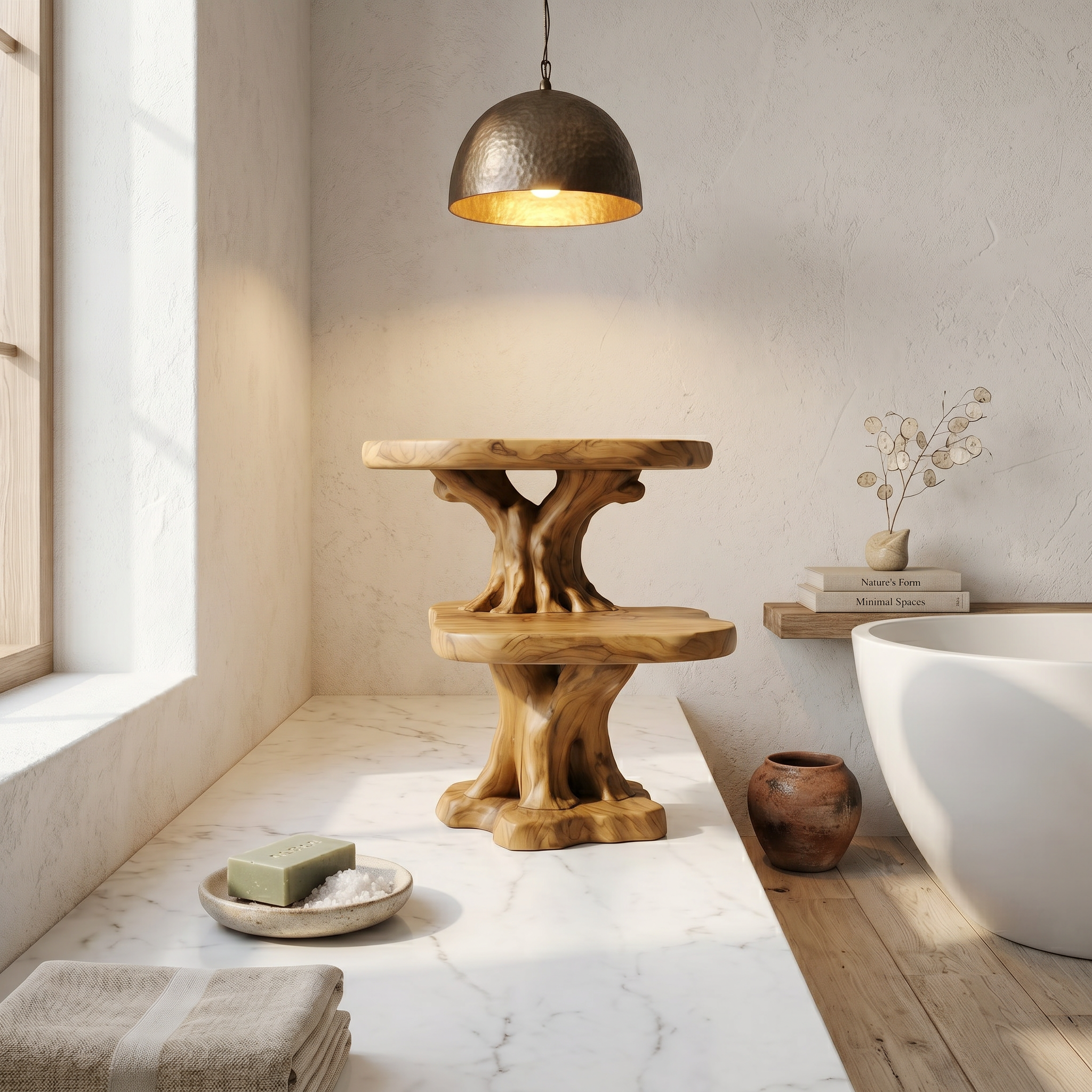 Rustic Tree Bathroom Organizer With Floating Display Shelves SINLSABRD013