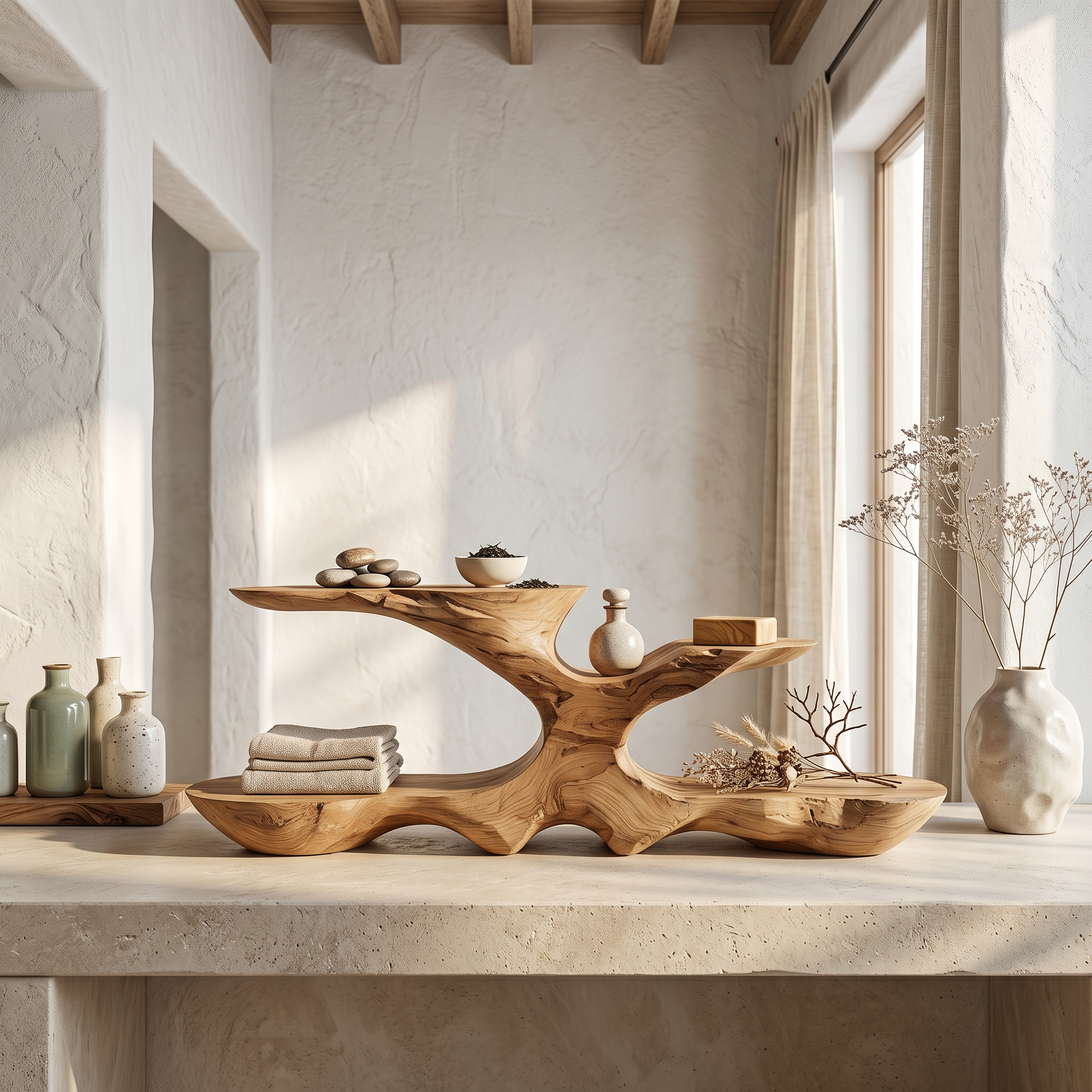 Organic Bathroom Counter Organizer With Sculptural Tiered Shelves SINLSABRD022