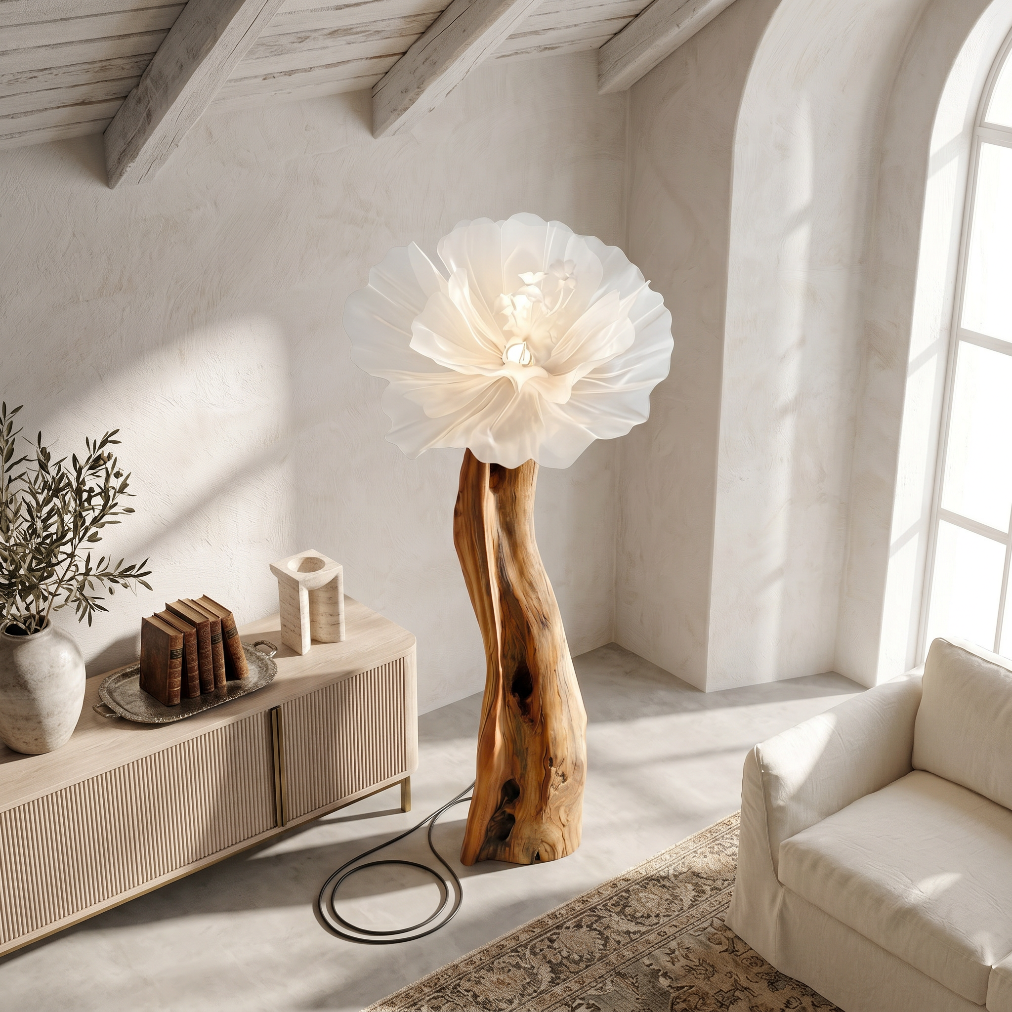 Artistic Flower Floor Lamp Sculptural Wood Base For Living Room SINLSAFLP116