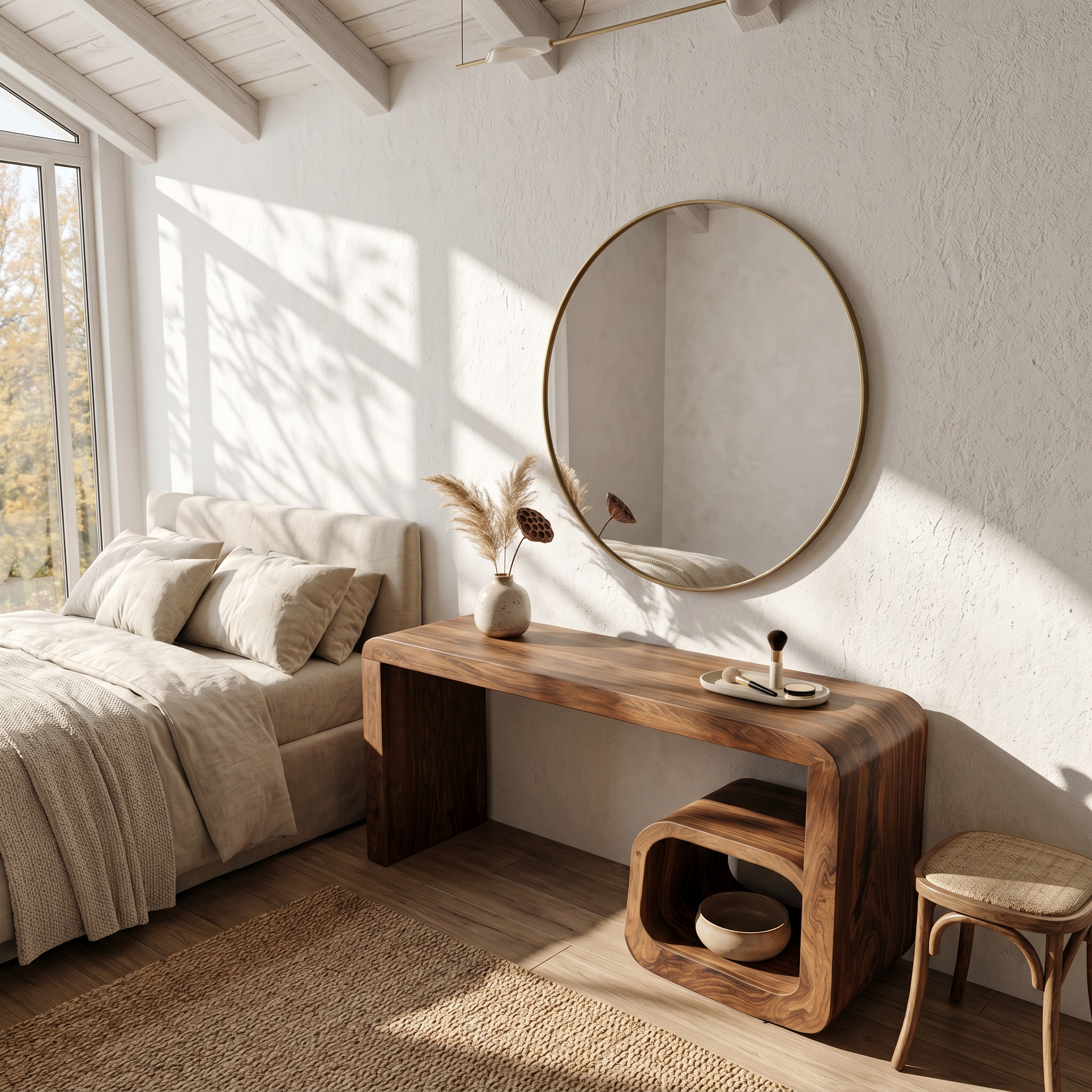 Sculptural Dressing Table With Curved Wood Silhouette For Bedroom Decor SINLSABDT093