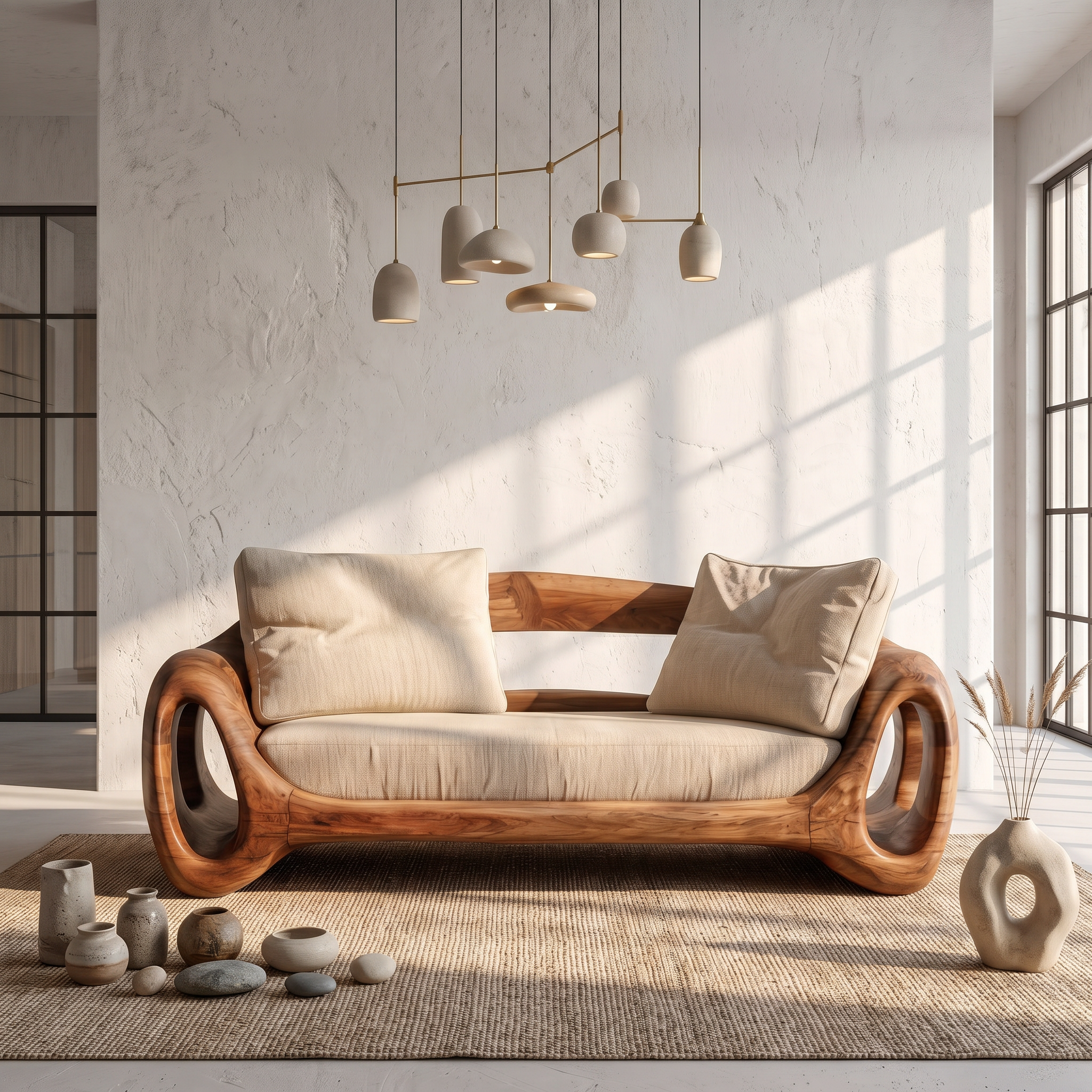 Organic Sofa Frame With Sculptural Circular Armrests For Living Room SINLSASF030