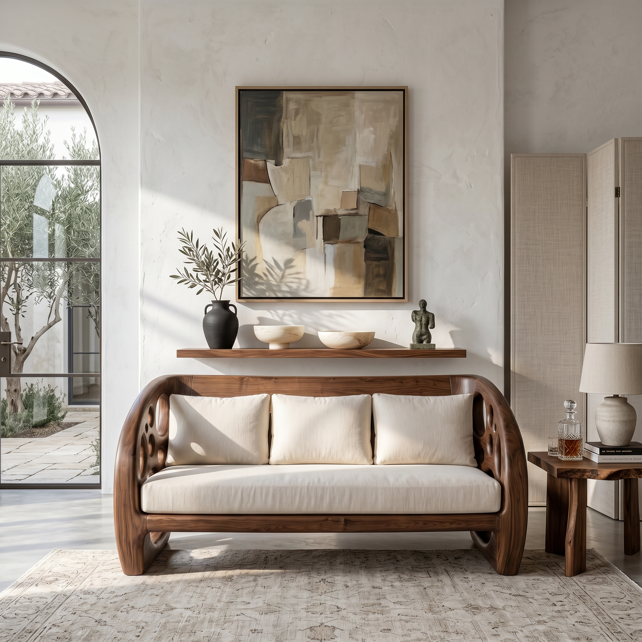 Modern Organic Sofa With Sculptural Perforated Wood Frame SINLSASF035