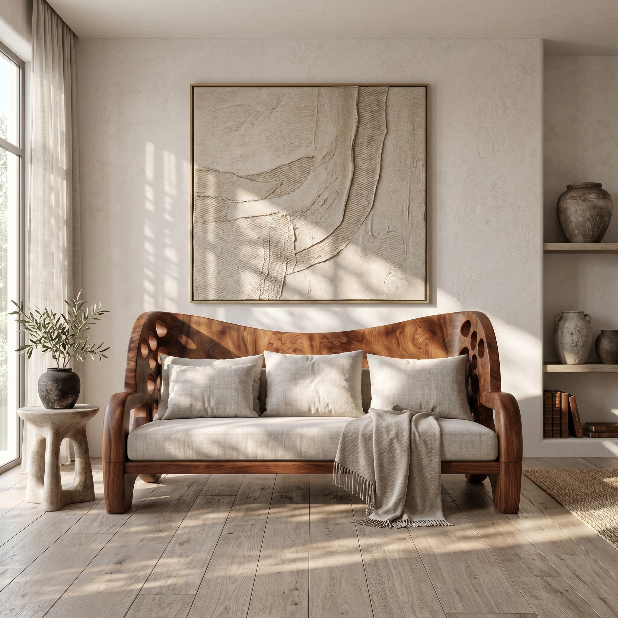 Organic Sofa Frame With Sculptural Openwork Armrests For Living Room SINLSASF037