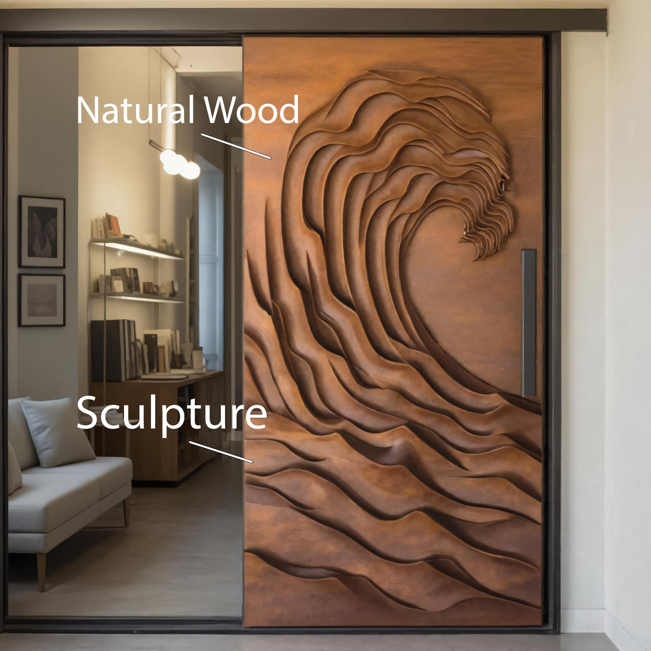 Artistic Wave Pattern Sliding Wood Door For Modern Interior Living Room Or Studio Entrance Decor SITHHNDOR009