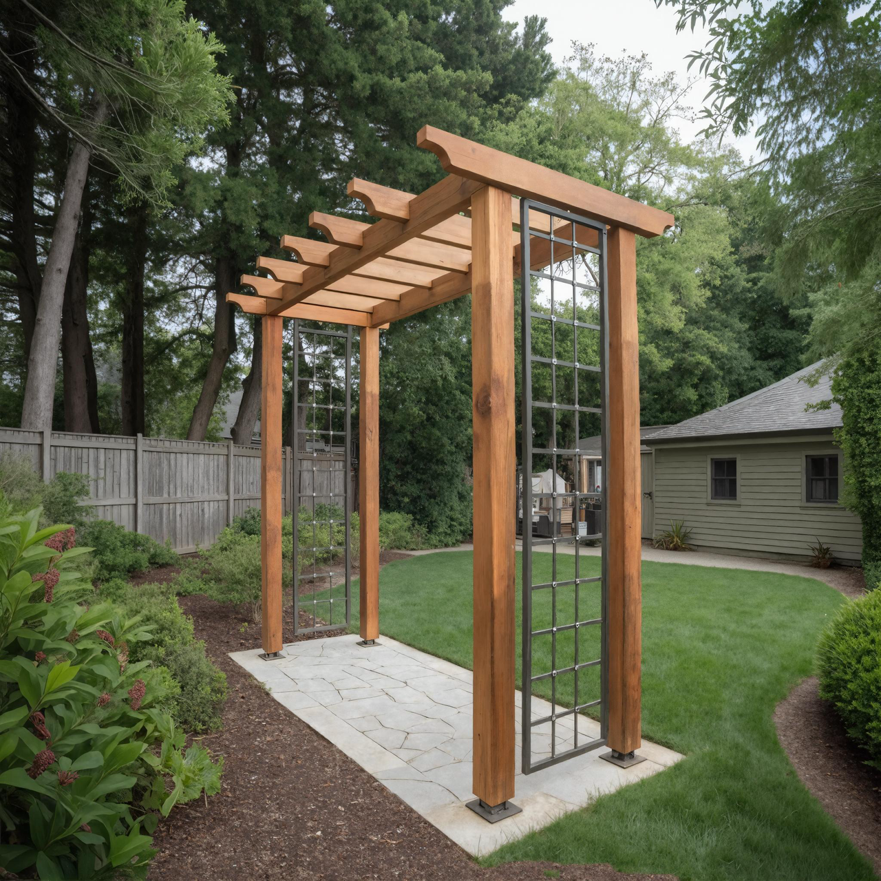 metal and wood trellis Modern Wood Garden Pergola With Metal Trellis Panels For Backyard  SITHHNPER002