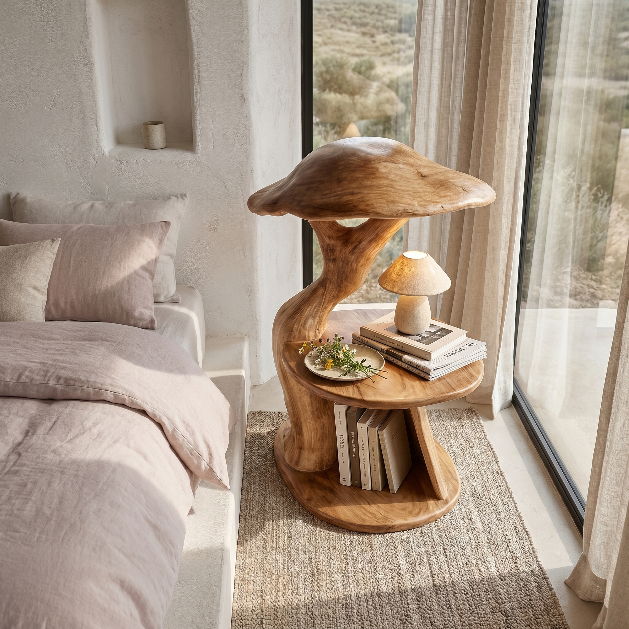 Organic Mushroom Nightstand With Sculptural Solid Wood Design And Vinyl Storage For Bedroom SINLHABT259
